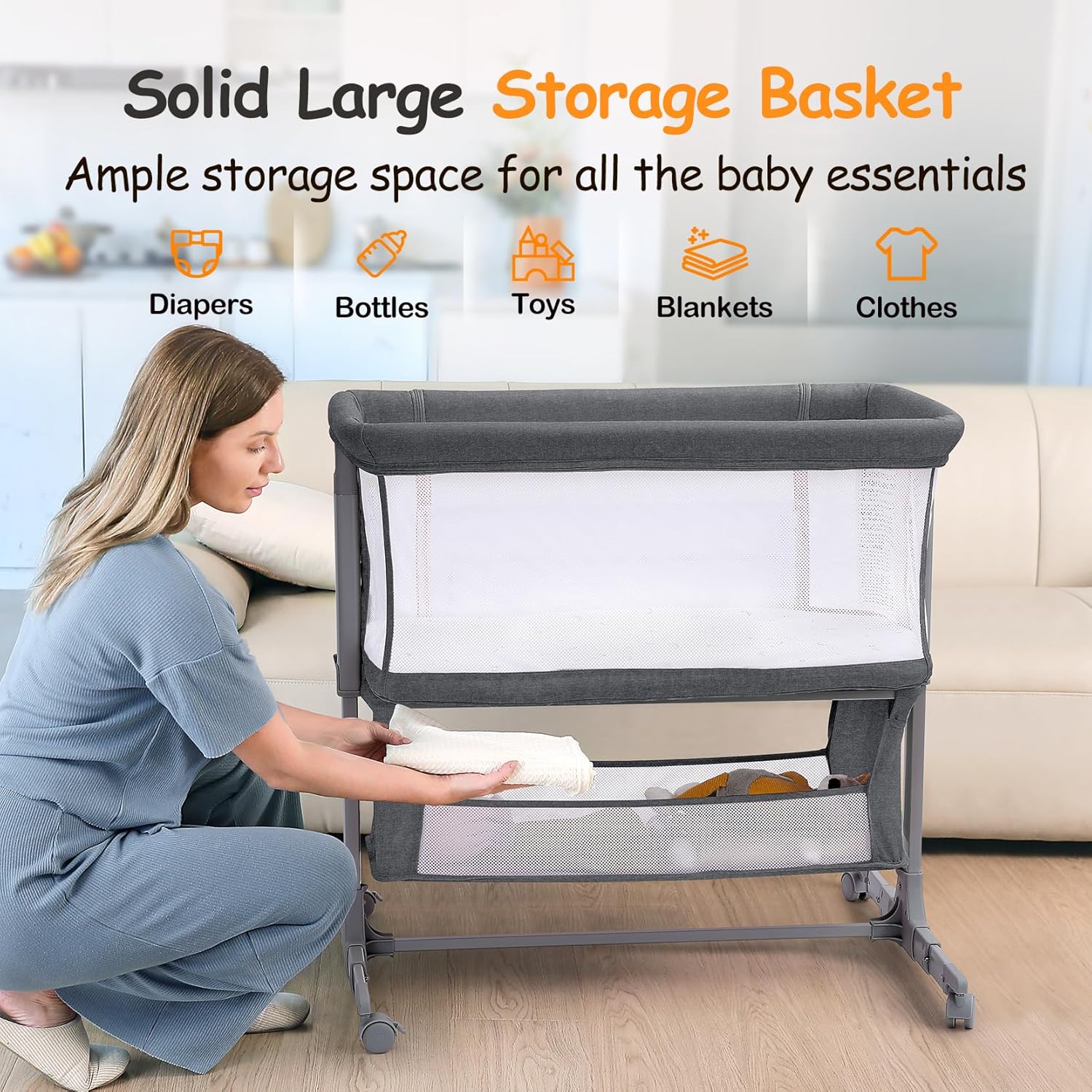 Detalle de Growaystory Beistellbett mit Co-Sleeper-Funktion (Bassinet) – bettseitiger Baby-Nachttisch mit Rädern, Stauraum und 7-fach Höhenverstellung