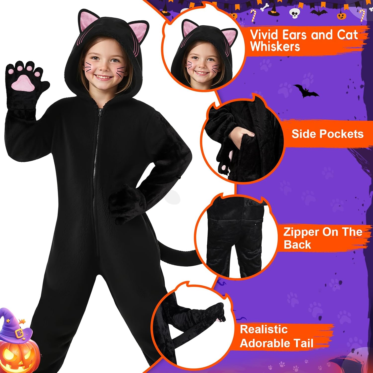 Detalle de GKTZ COS Black Cat Costume Onesie, Size S, Flannel with Cat Ears and Tail