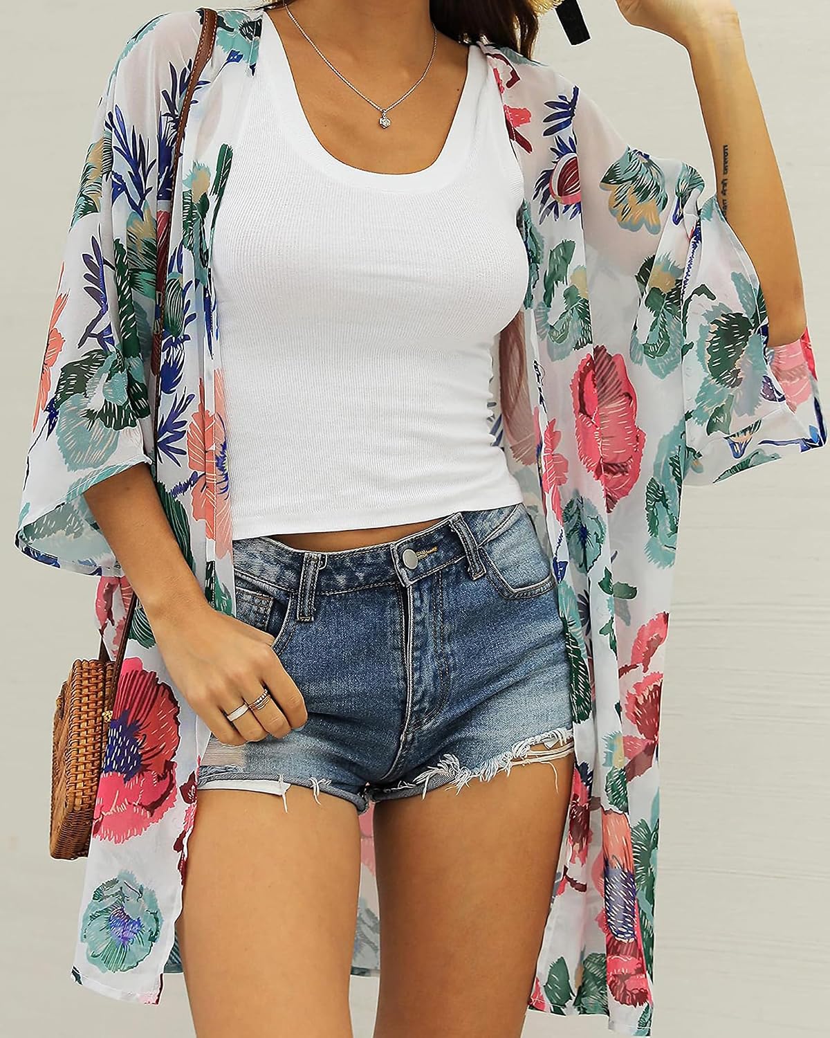 Detalle 1 de CHICALLURE Long Chiffon Kimono Cover-Up, Floral, Open Front, Knee-Length