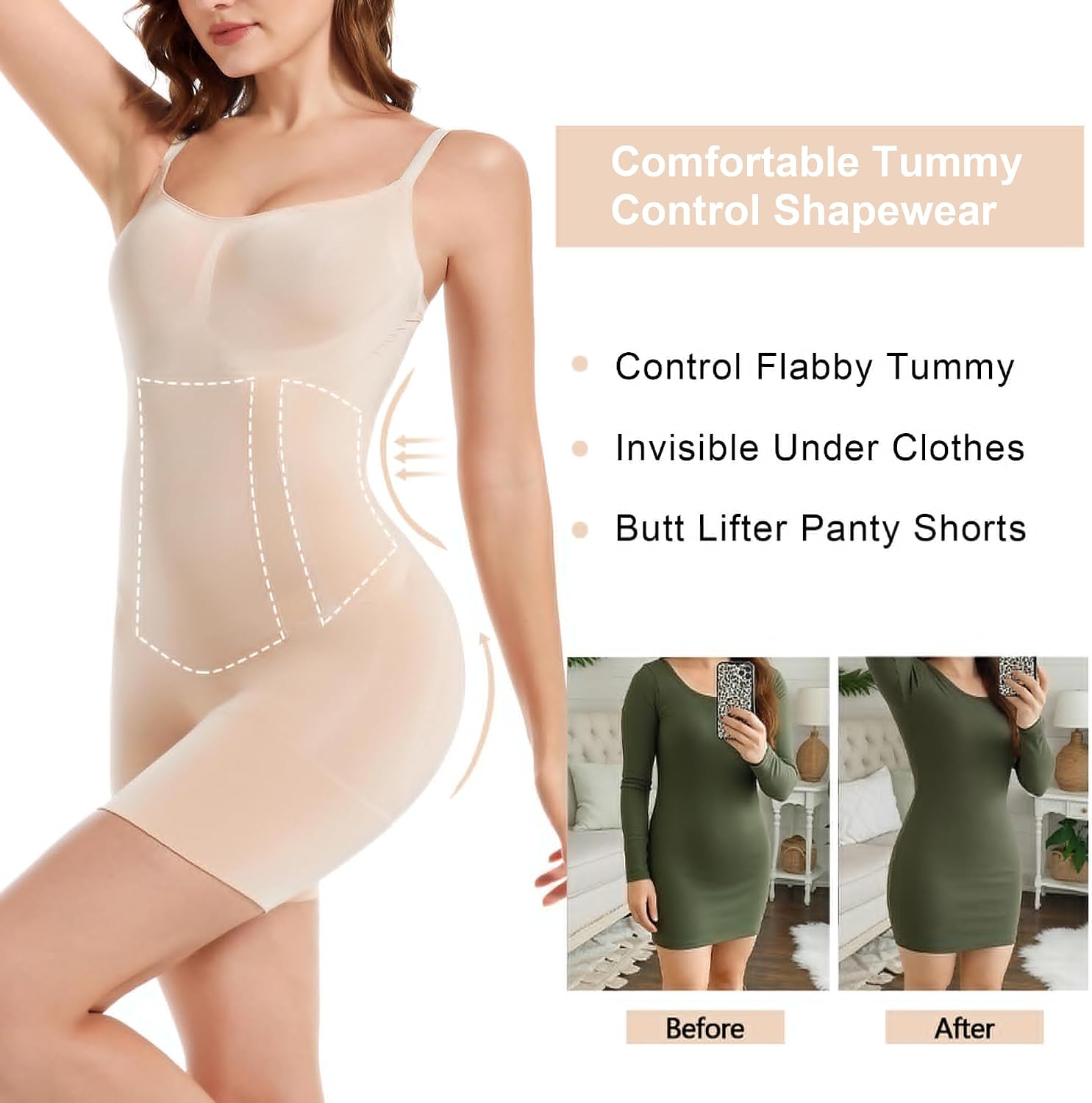 Detalle 1 de SHAPERX Seamless Open-Bust Mid-Thigh Shapewear Bodysuit