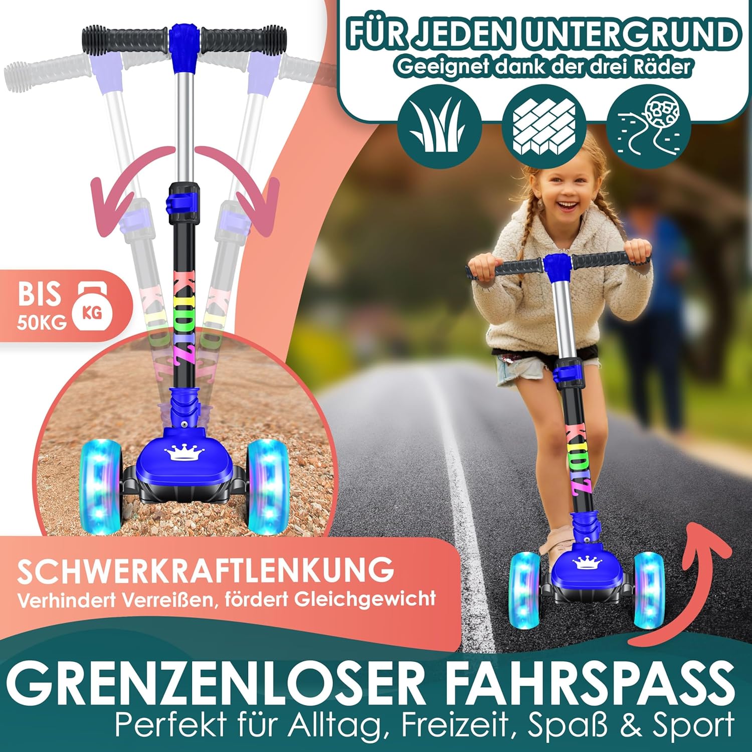 Detalle 2 de KIDIZ Roller X-Pro2 Dreiradscooter – höhenverstellbar, LED-Räder und Fold-Up für 3–12 Jahre