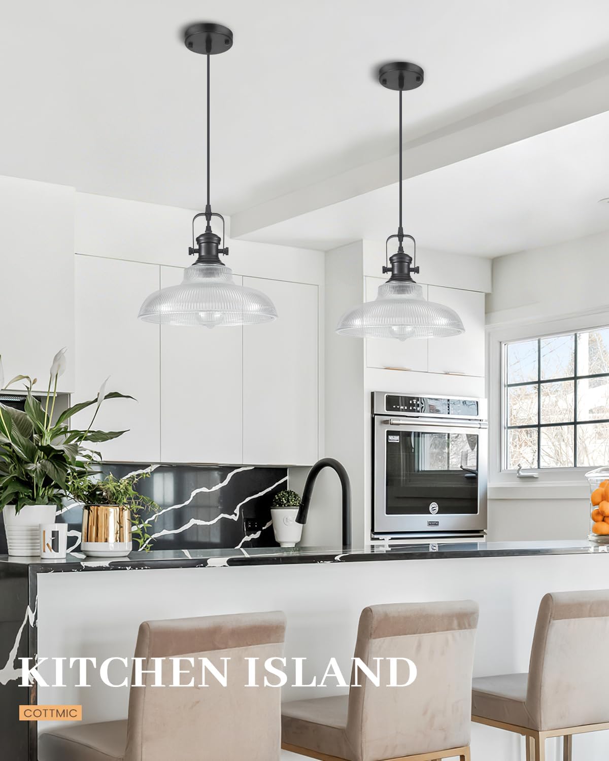 Detalle 1 de COTTMIC SGP-Glass-Black-1p Black Ribbed Glass Pendant Light, Adjustable 66in Cord