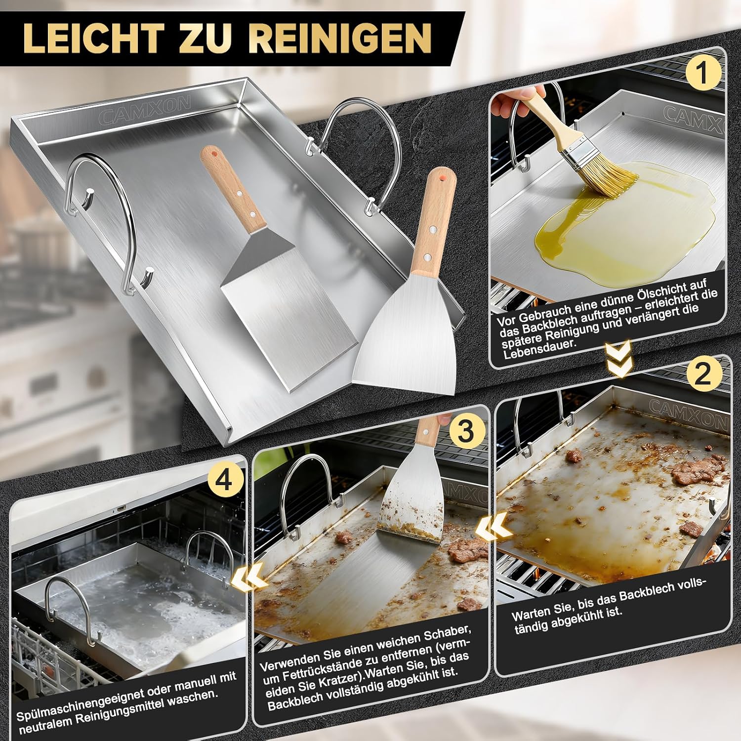 Detalle de Camxon Universelle Edelstahl Plancha Grillplatte 40.5×31 cm – 5 mm, Fettablauf, spülmaschinenfest inkl. Spachteln