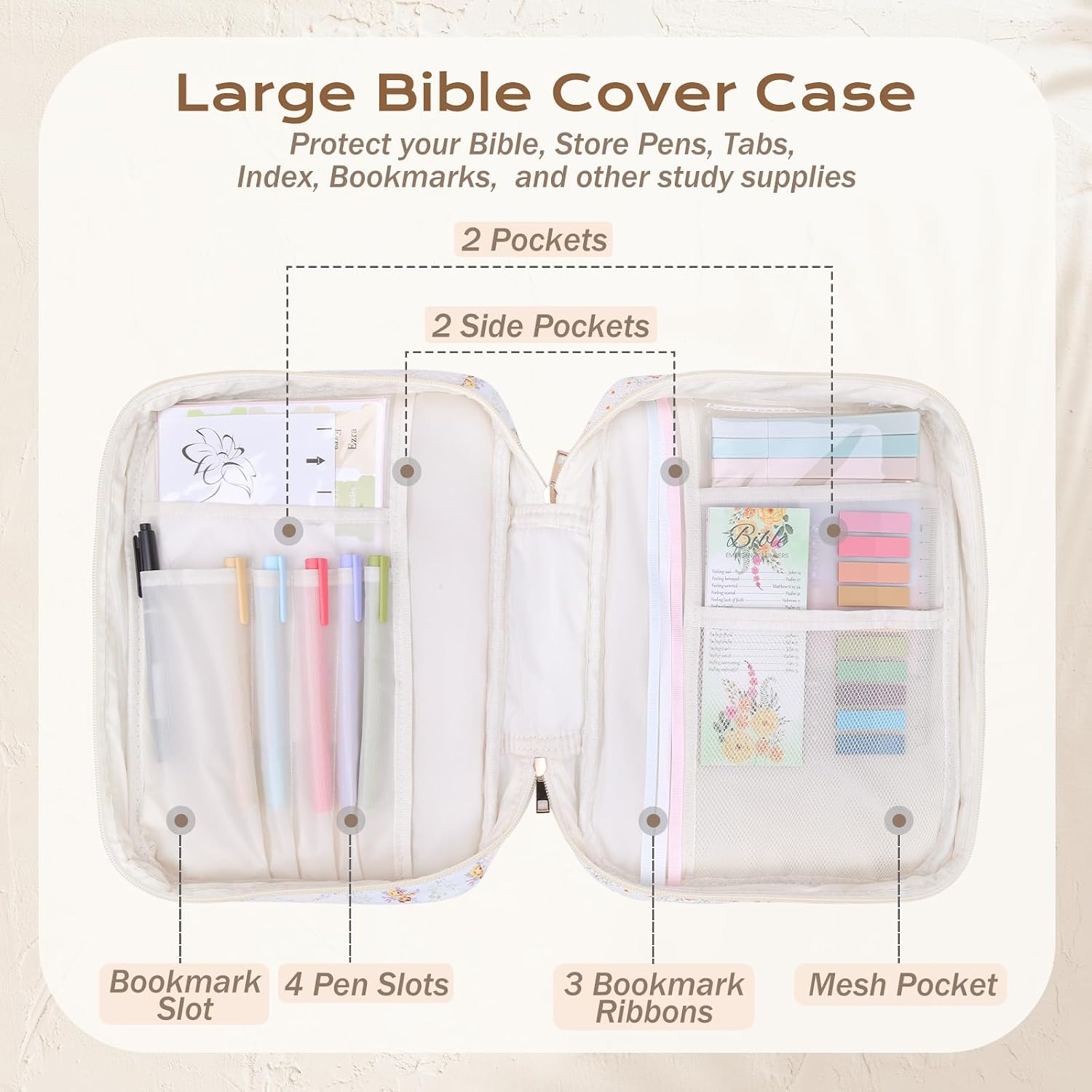 Thumbnail 3 de XKDOUS Quilted Cotton Bible Cover Case, Floral Patchwork with Handle and Pockets