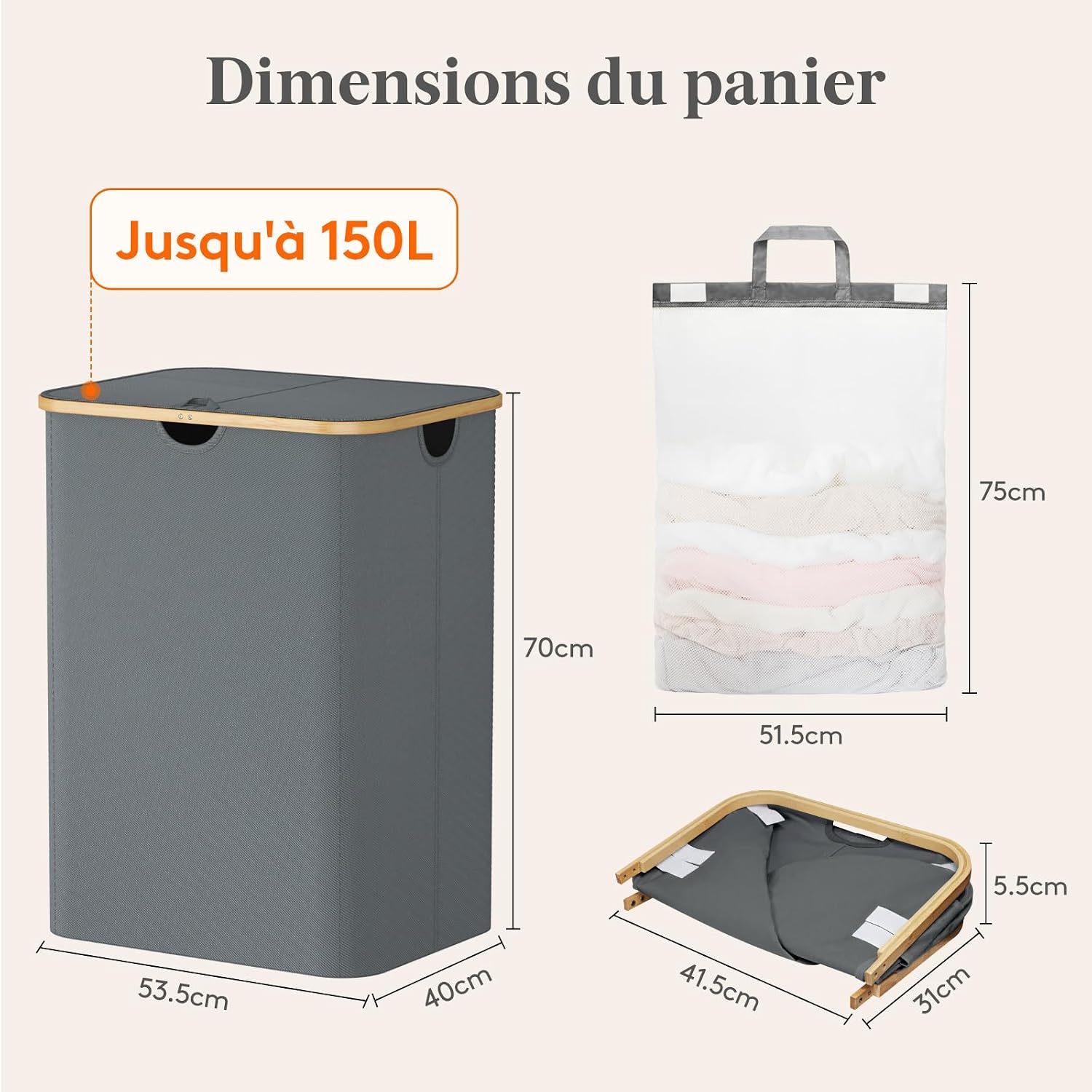 Detalle de Lifewit 23156 wasmand 150 l met deksel, bamboe en 3 uitneembare zakken
