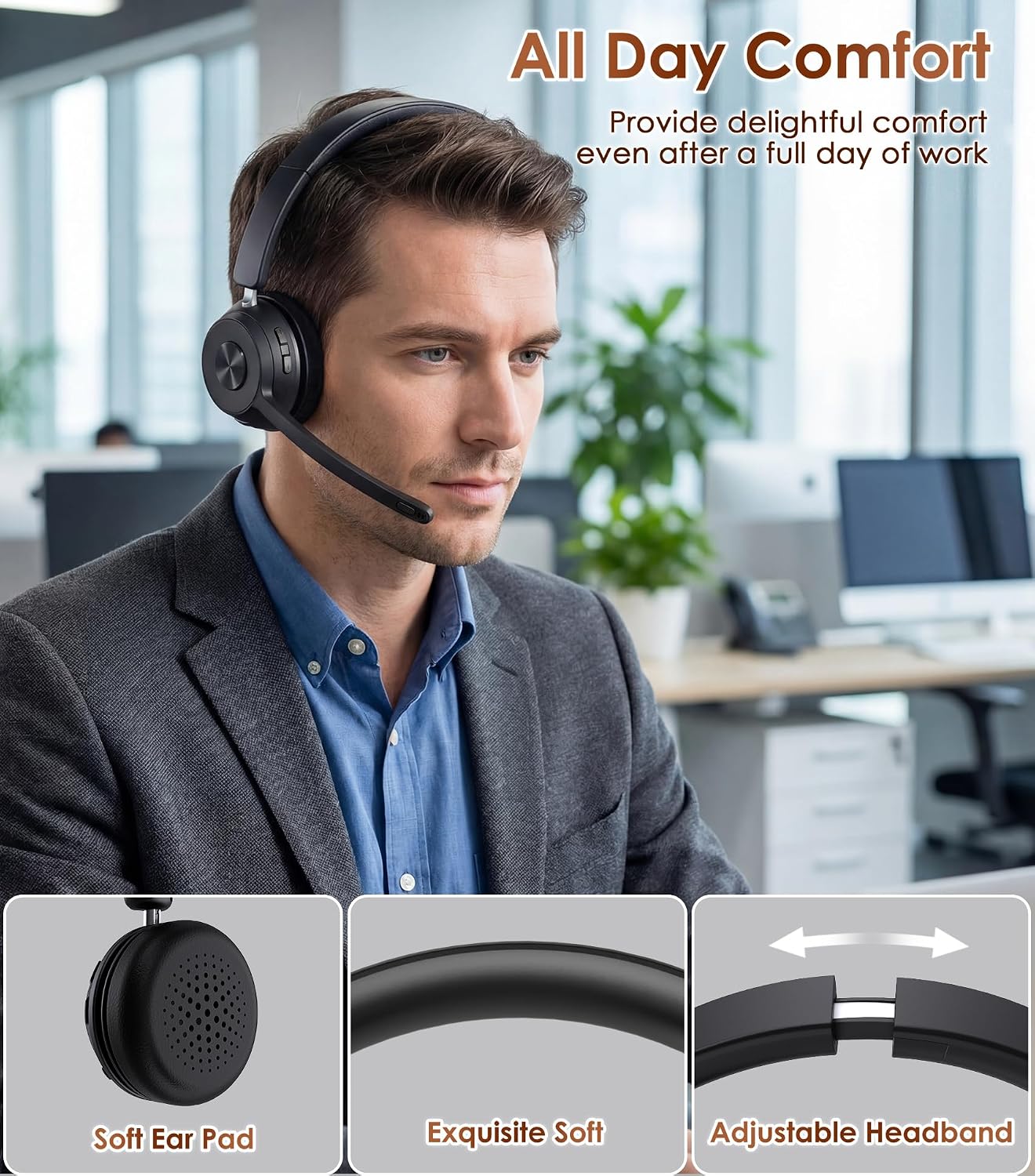 Thumbnail 5 de Wireless Headset with Mic for Work — Noise Canceling Bluetooth Headset with USB Dongle (Black)