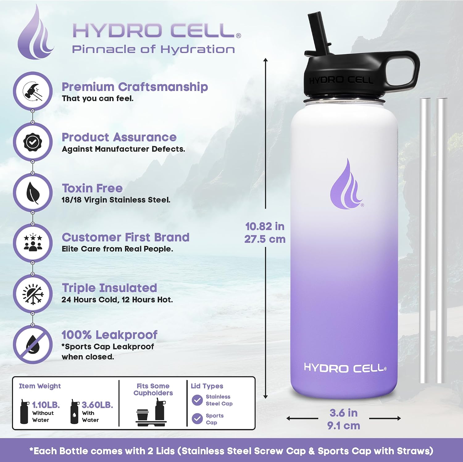 Thumbnail 3 de HYDRO CELL 40oz Stainless Steel Insulated Water Bottle with Straw (Lavender/White)