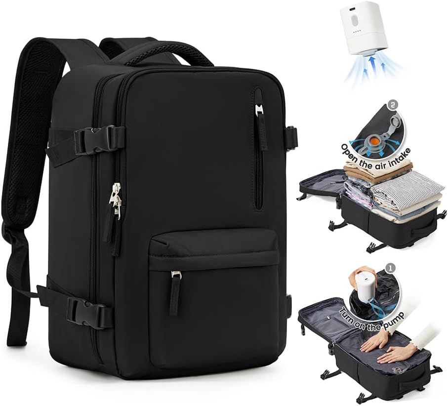Detalle de SZLX Zaino da viaggio sottovuoto 40x30x20 con pompa, zaino cabina 40x20x25 per Ryanair e organizer per laptop 14