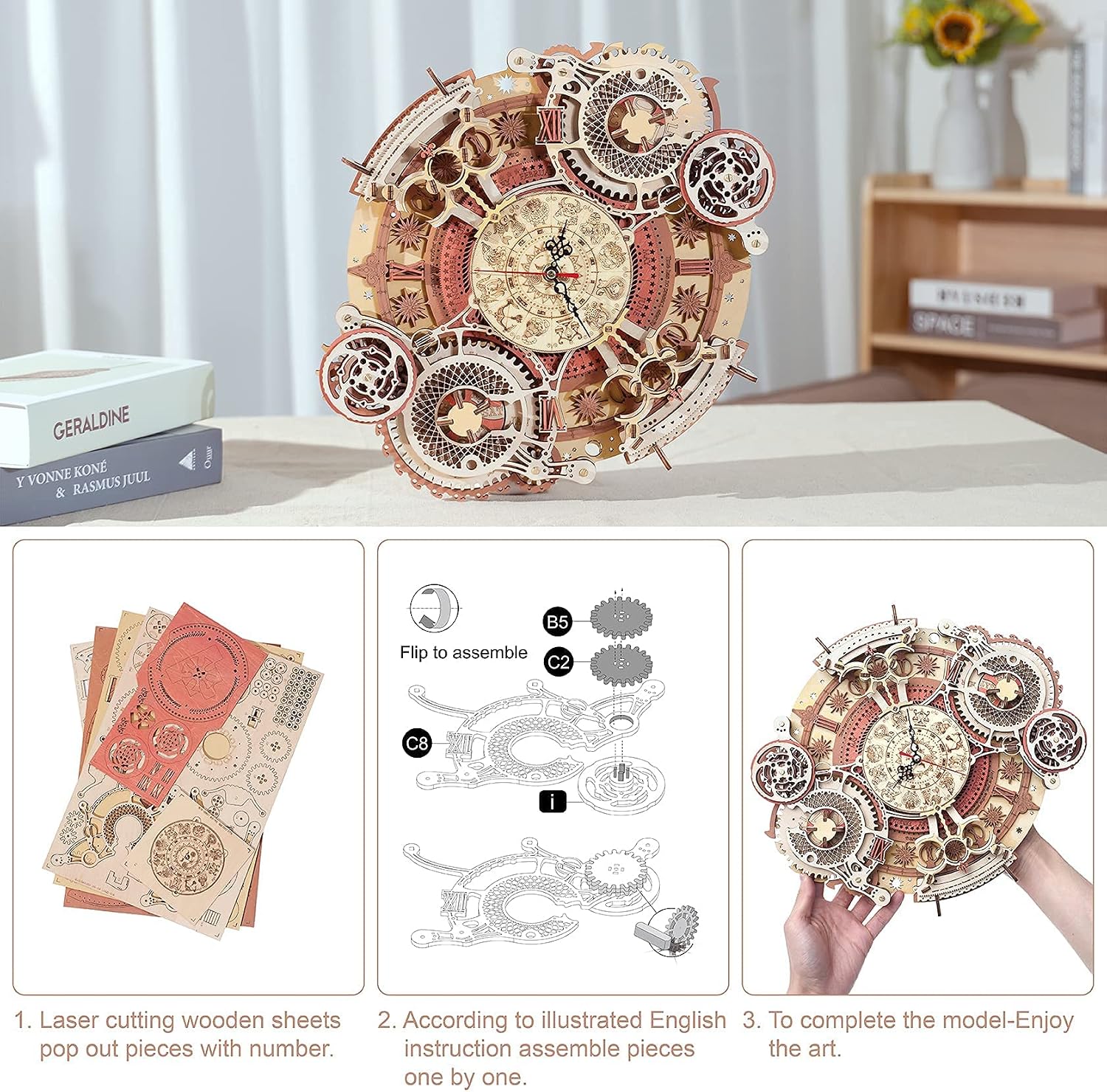 Detalle de Puzzle 3D en bois ROBOTIME : horloge murale steampunk à construire