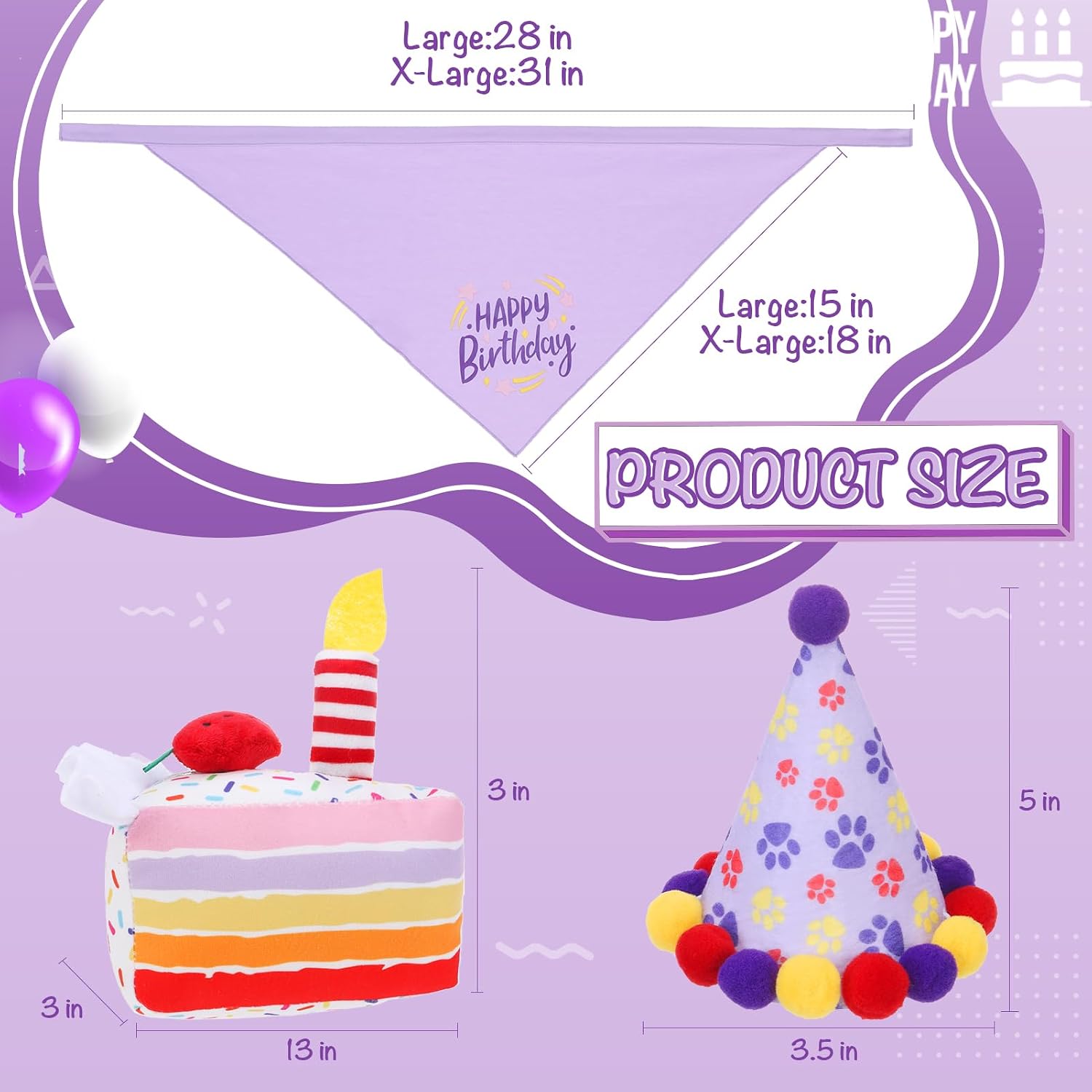Detalle de KOOLTAIL Dog Birthday Bandana Hat Squeaky Cake Plush Toy Set (Purple) – Adjustable birthday outfit + squeaky plush