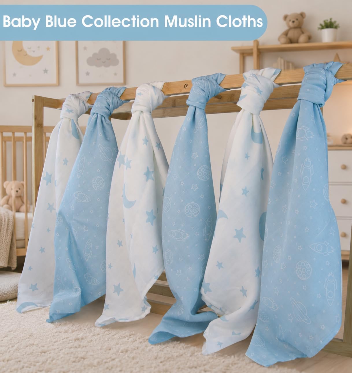 Thumbnail 1 de Large Baby Muslin Cloths (Pack of 6) 100% Cotton Muslin Squares – Soft, Absorbent & Breathable | Baby Blue Collection