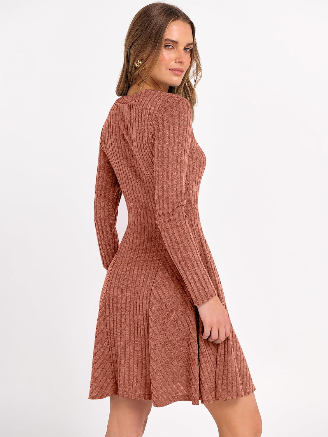 Detalle 2 de ANRABESS Knit Short Dress for Women, V-Neck, Long Sleeve, A-Line