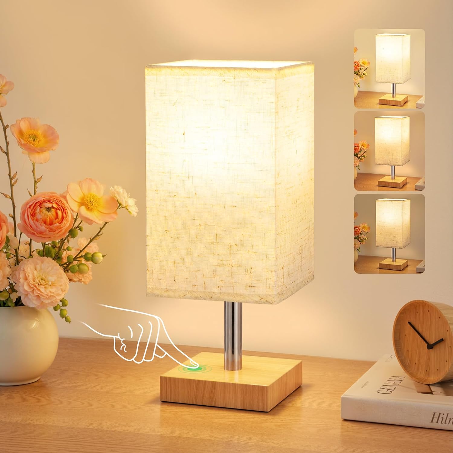 Detalle de PreeOtti Bedside Lamps – Small Linen Touch Lamp with 3‑Step Dimming (UK Plug)
