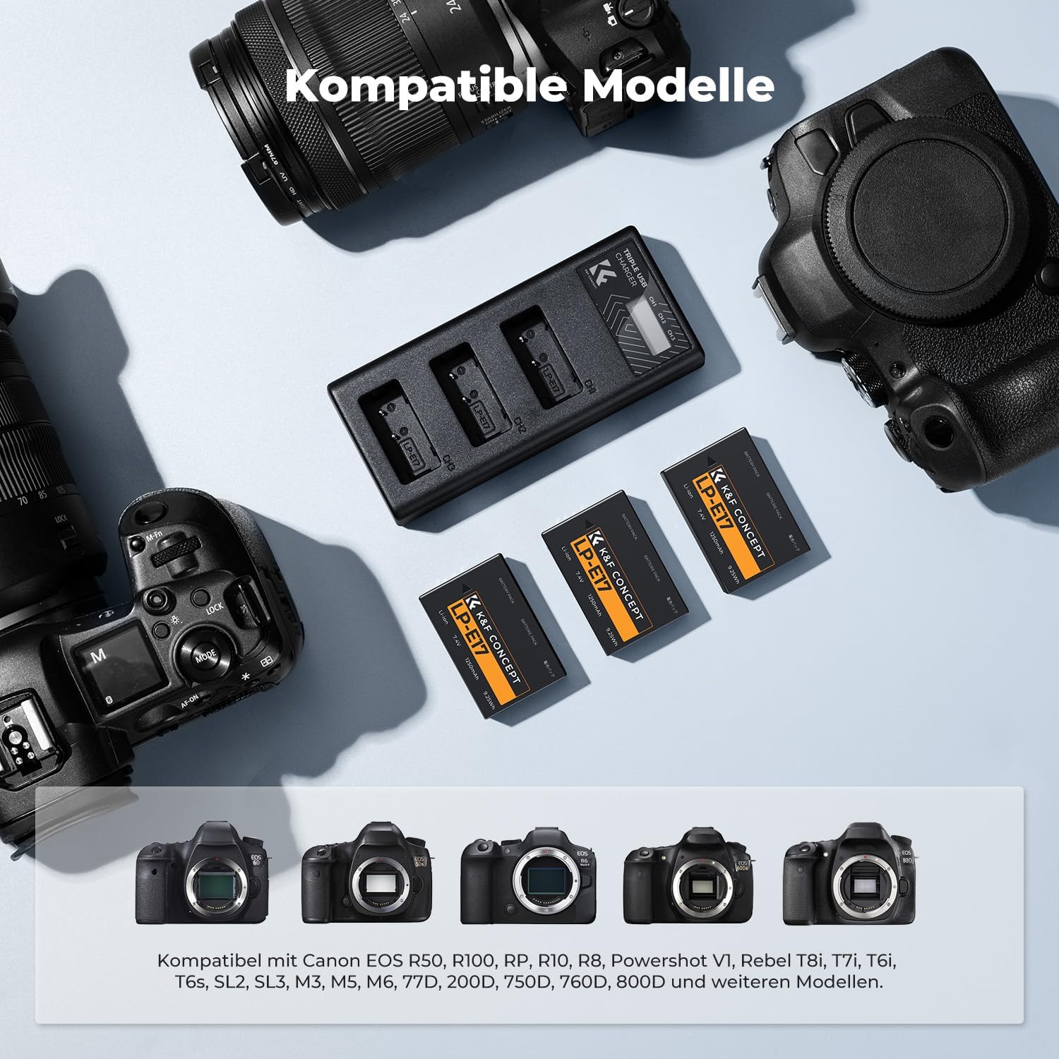 Thumbnail 1 de K&F CONCEPT 3er-Set LP-E17 1.250 mAh Akku + 3-Schacht-Ladegerät mit LCD (für Canon EOS)