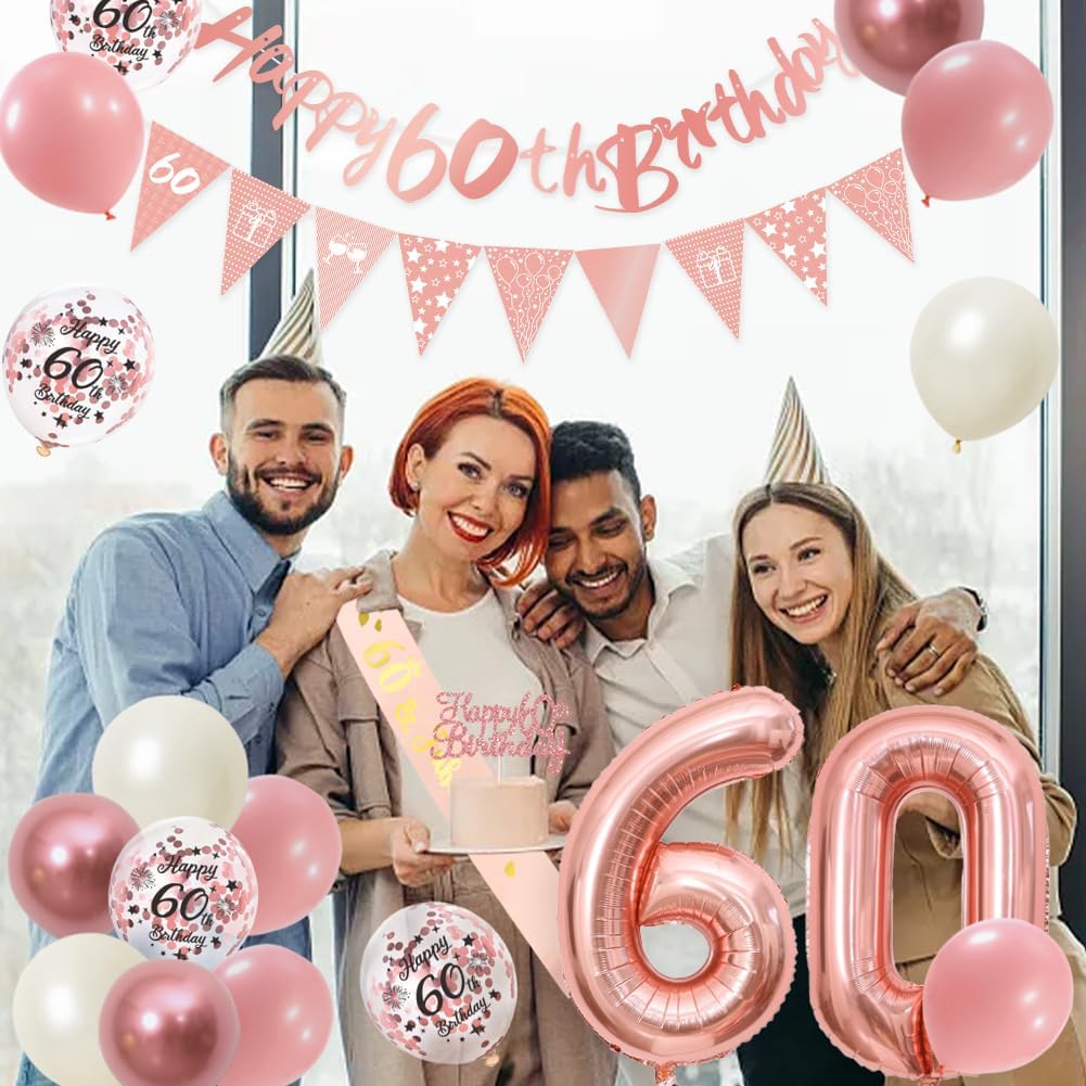 Thumbnail 6 de 60th Birthday Decorations Retro Pink Rose Gold Set