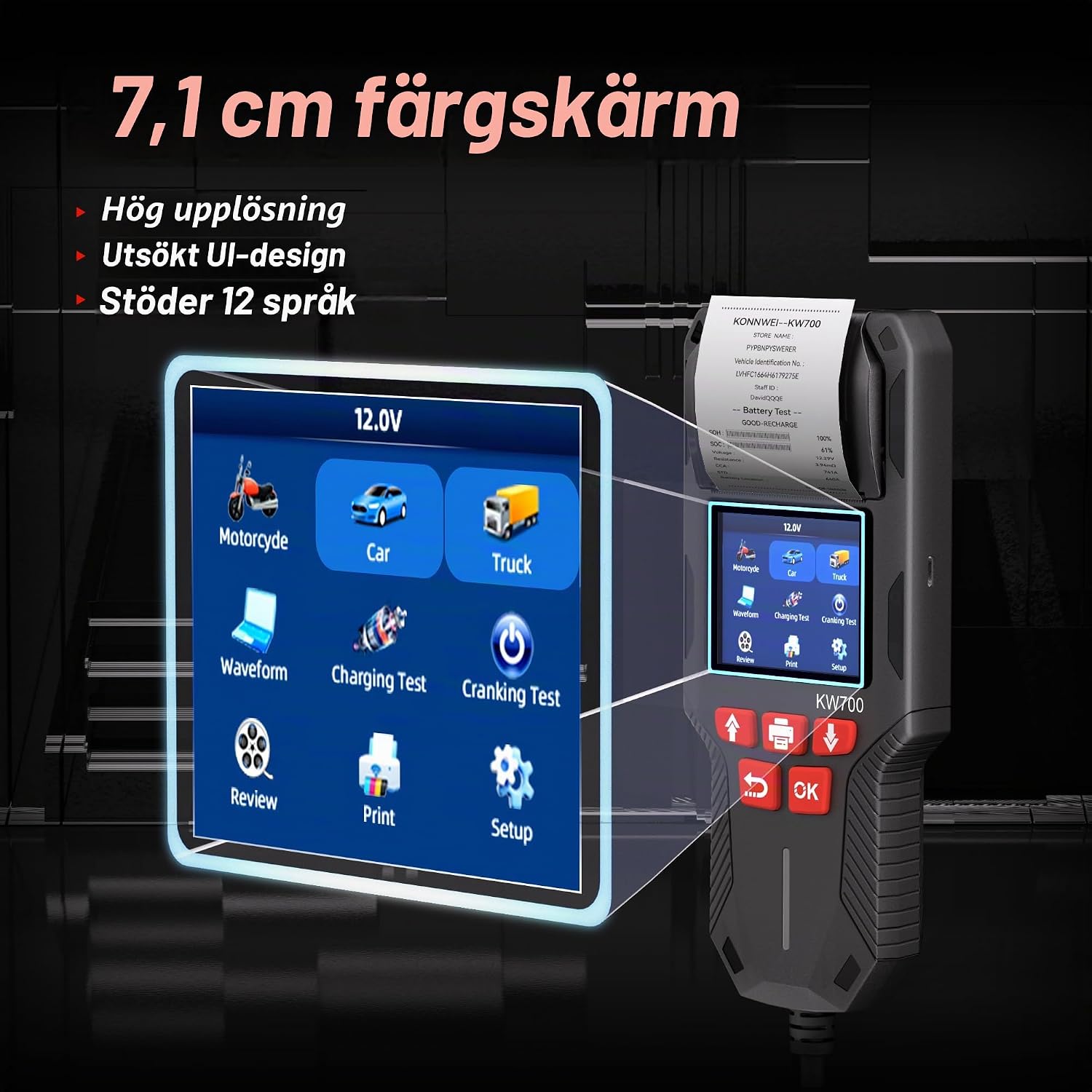 Thumbnail 5 de KONNWEI KW700 batteritestare med skrivare för 12/24 V, 10–2 000 CCA