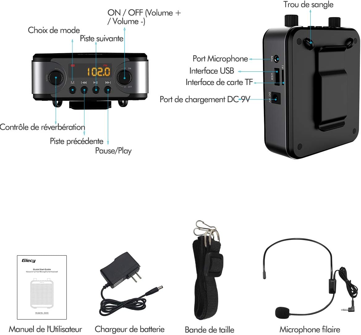 Thumbnail 6 de Amplificateur de voix portable Giecy avec micro casque 30W, batterie rechargeable 2800 mAh