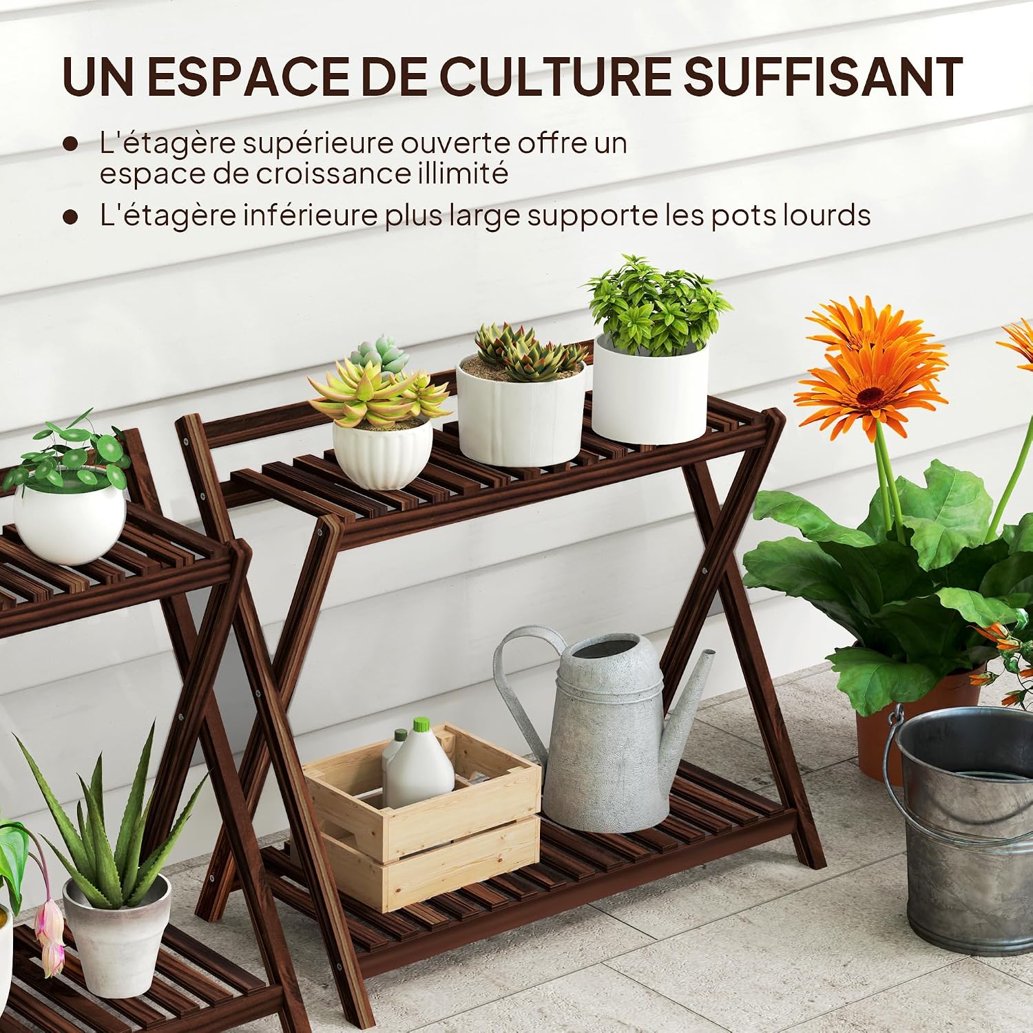 Detalle 2 de Outsunny 84H-186V00TN plantenstandaardset met 2 niveaus, bruin hout