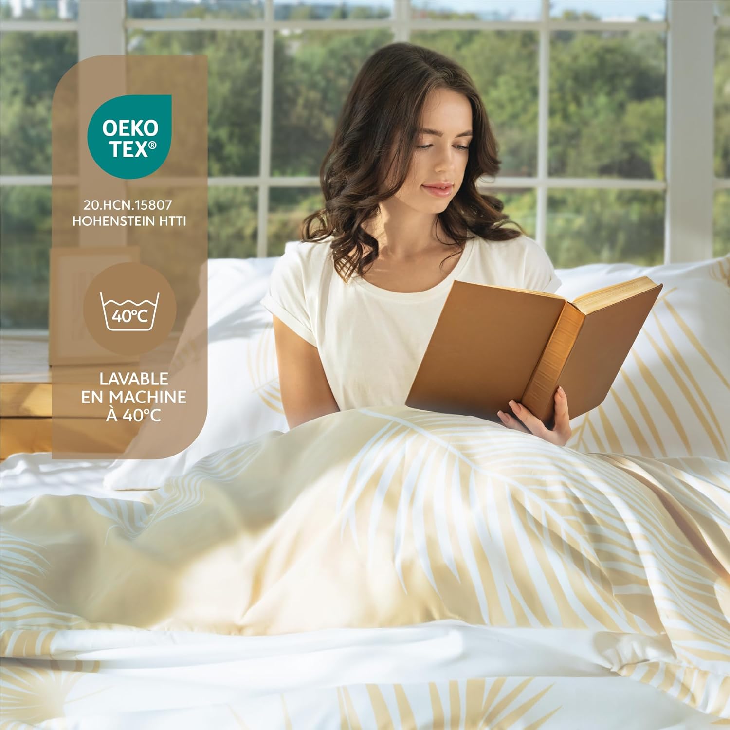 Thumbnail 4 de Dreamzie parure housse de couette 260 x 240 cm microfibre beige blanc avec 2 taies 65 x 65 cm