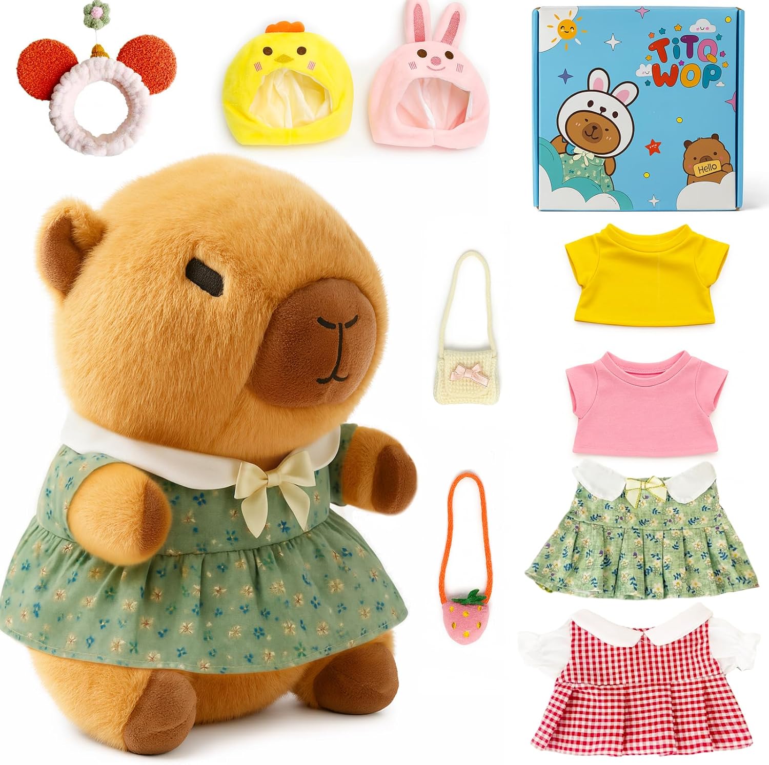 Detalle de TITQWOP 9-pc Capybara Plush Set – Dress-Up Stuffed Animal for Kids