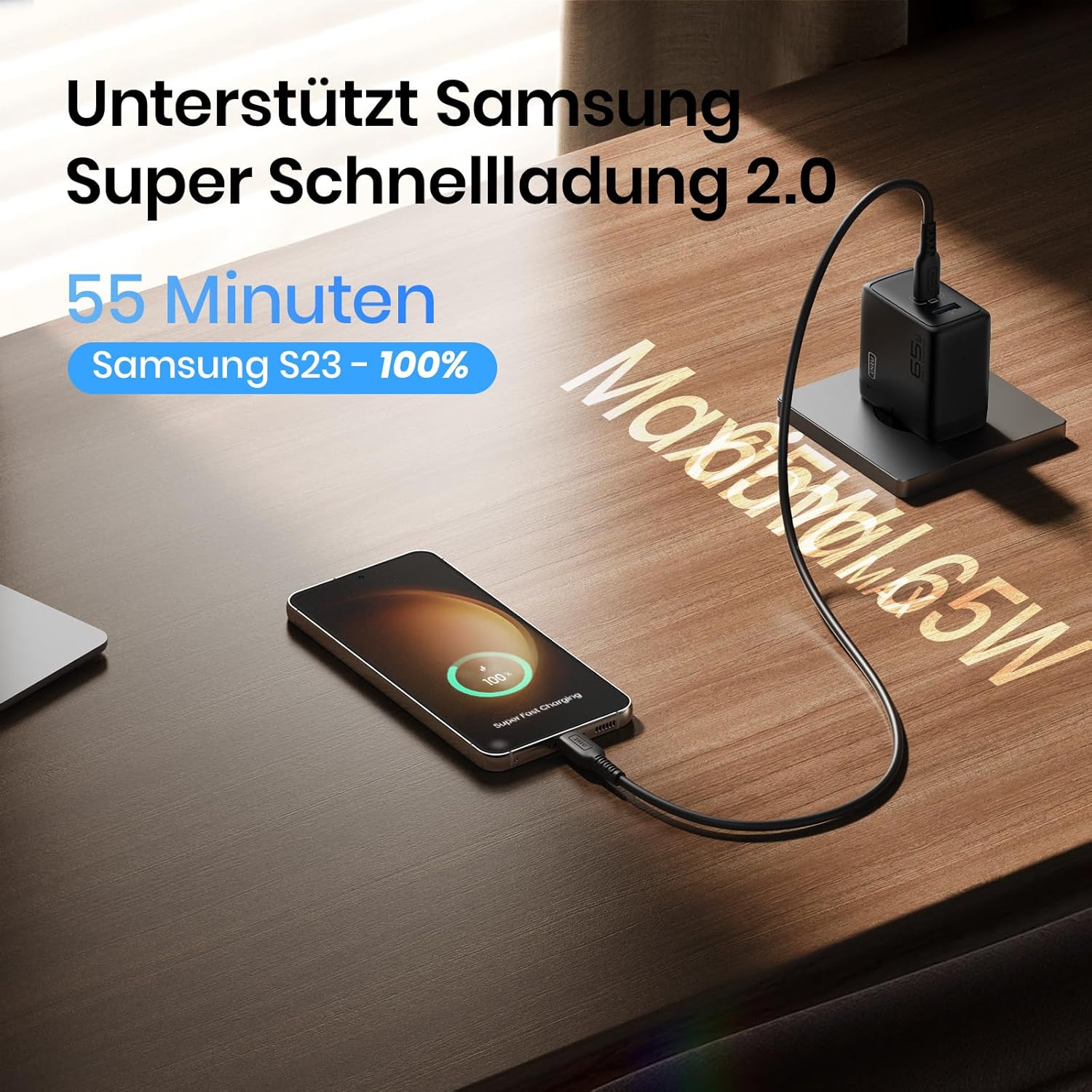 Detalle de INIU 65W Chargeur USB C GaN II — 2 ports (USB‑C + USB‑A), rapide et compact