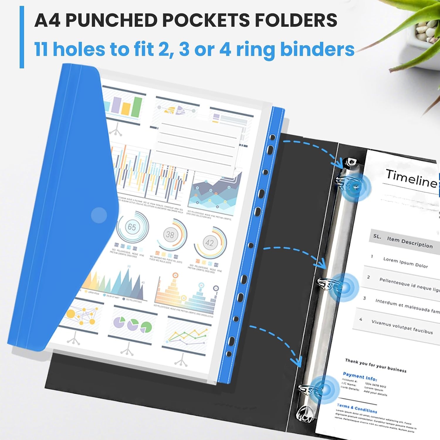Thumbnail 2 de Surcotto A4 Punched Plastic Wallets – 24-Pack Expandable Pockets with Velcro and Label, 11-Hole Binder Compatible