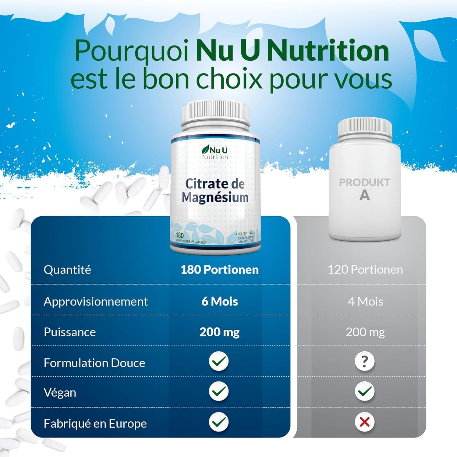 Thumbnail 5 de Citrate de magnésium 700 mg (200 mg de magnésium élémentaire) – 180 comprimés vegan – Nu U Nutrition