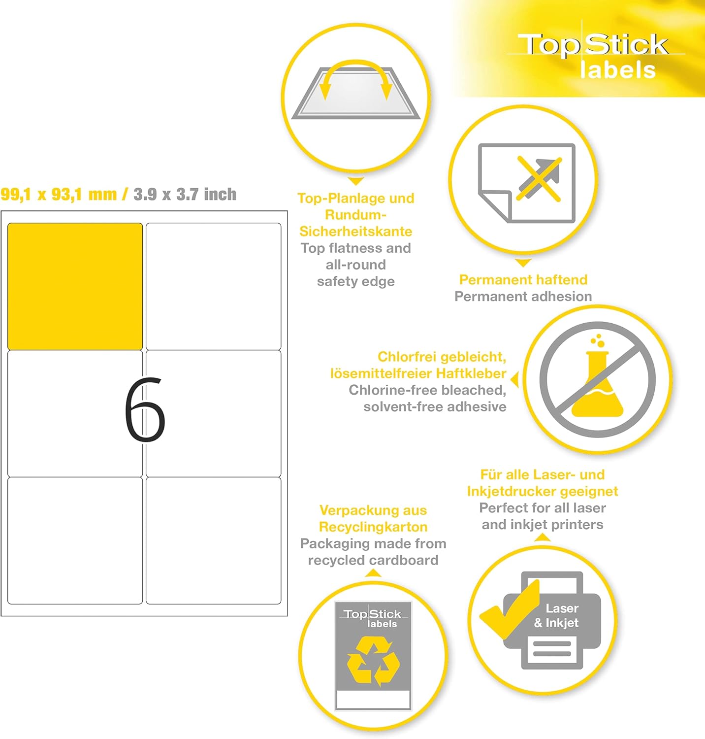 Detalle de TopStick Etichette multiuso autoadesive: 6000 etichette universali su 1000 fogli A4 (99,1 x 93,1 mm), bianco, per laser e inkjet