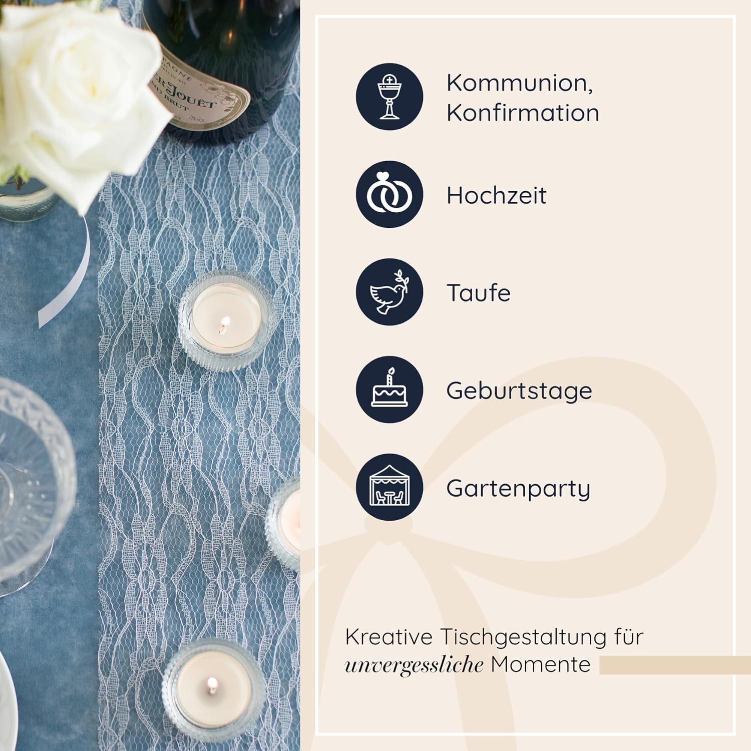 Thumbnail 1 de 100%Mosel Tischläufer Spitze in Reinweiß (15 cm x 25 m) – eleganter Spitzen-Tischband für Hochzeit & Taufe