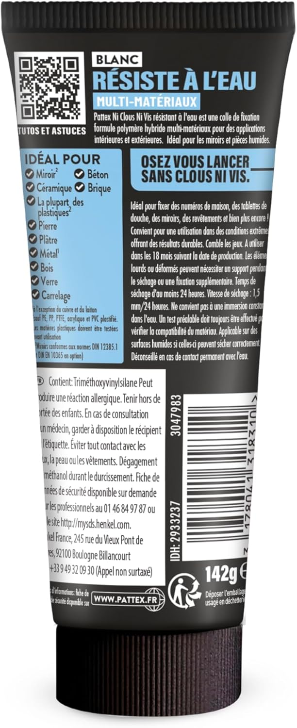 Thumbnail 1 de Pattex Colle Ni Clou Ni Vis Résiste à l'Eau Multi-Matériaux (tube 142 g) – fixation immédiate et mastic blanc flexible