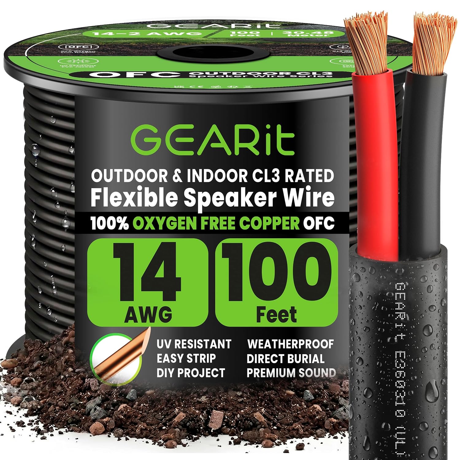Detalle de GEARit Pro Series OFC Speaker Wire 14 Gauge, 100 ft (UL CL3 Rated, Black, 2-Conductor)
