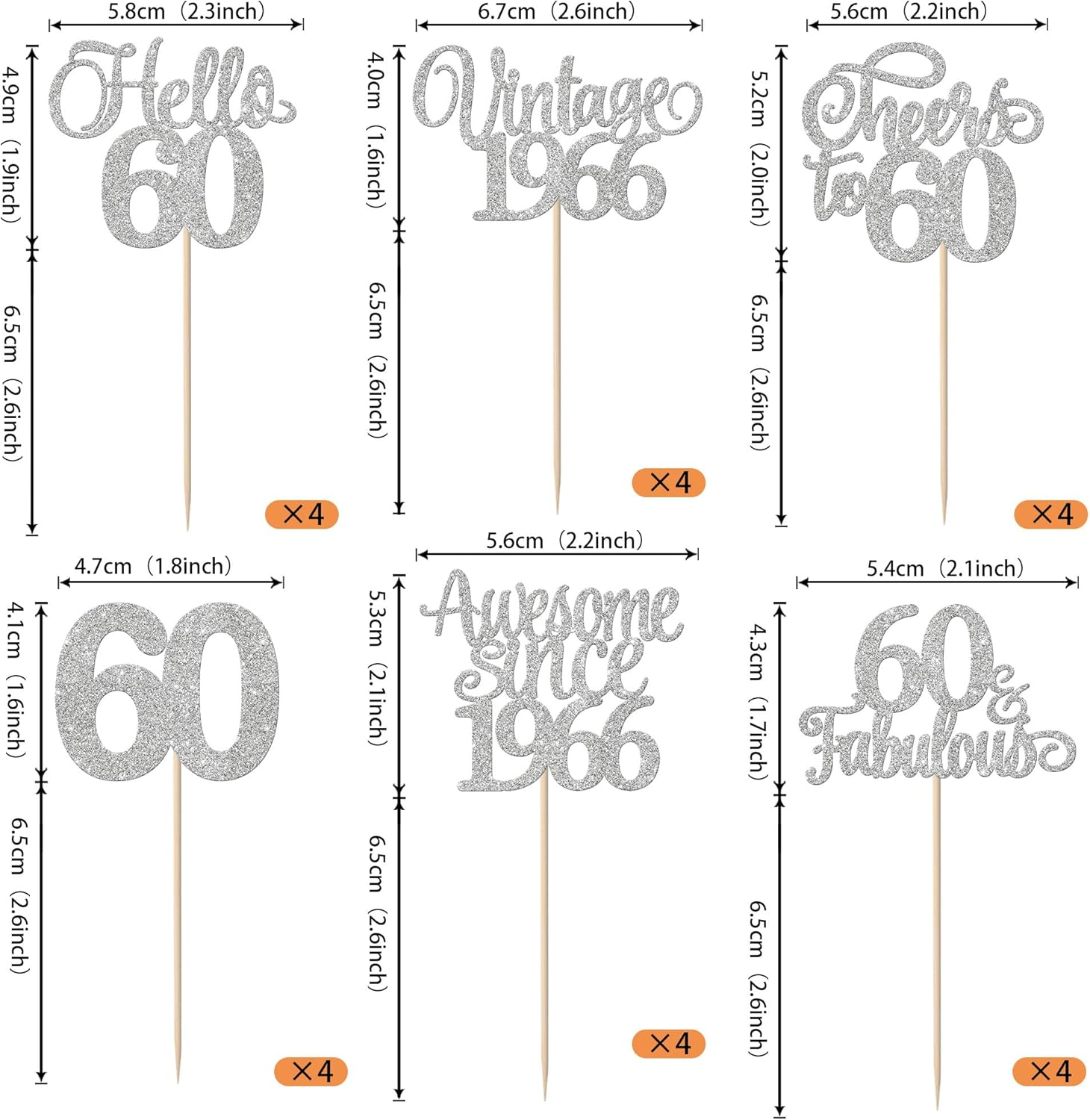 Detalle 2 de Xsstarmi 24 Pack Vintage 1966 Cupcake Toppers Glitter Silver Hello 60 Fabulous Cupcake Picks