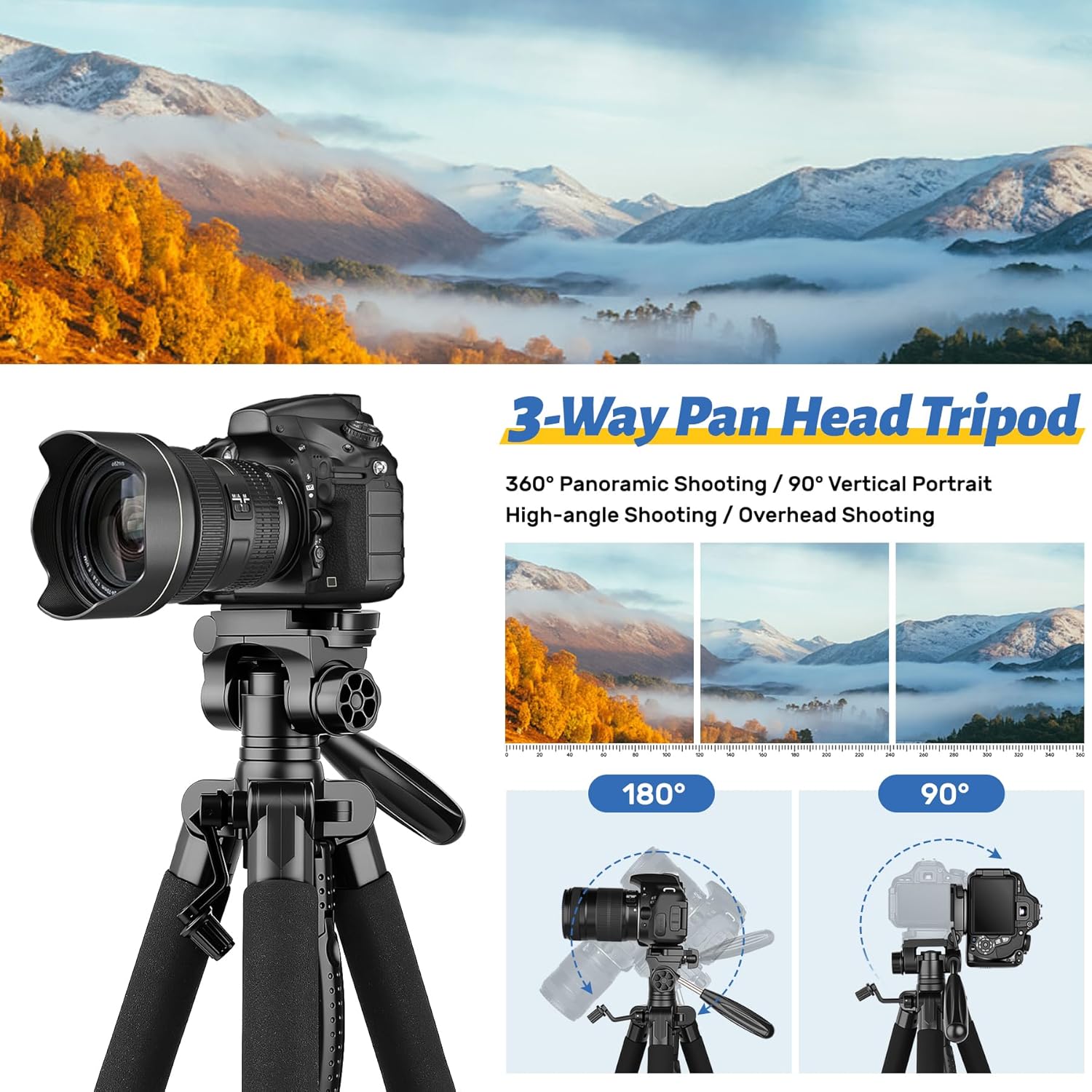 Thumbnail 4 de Victiv 188cm Camera Tripod with Detachable 3-way Swivel Head, Phone Holder & Remote Control (Blue)
