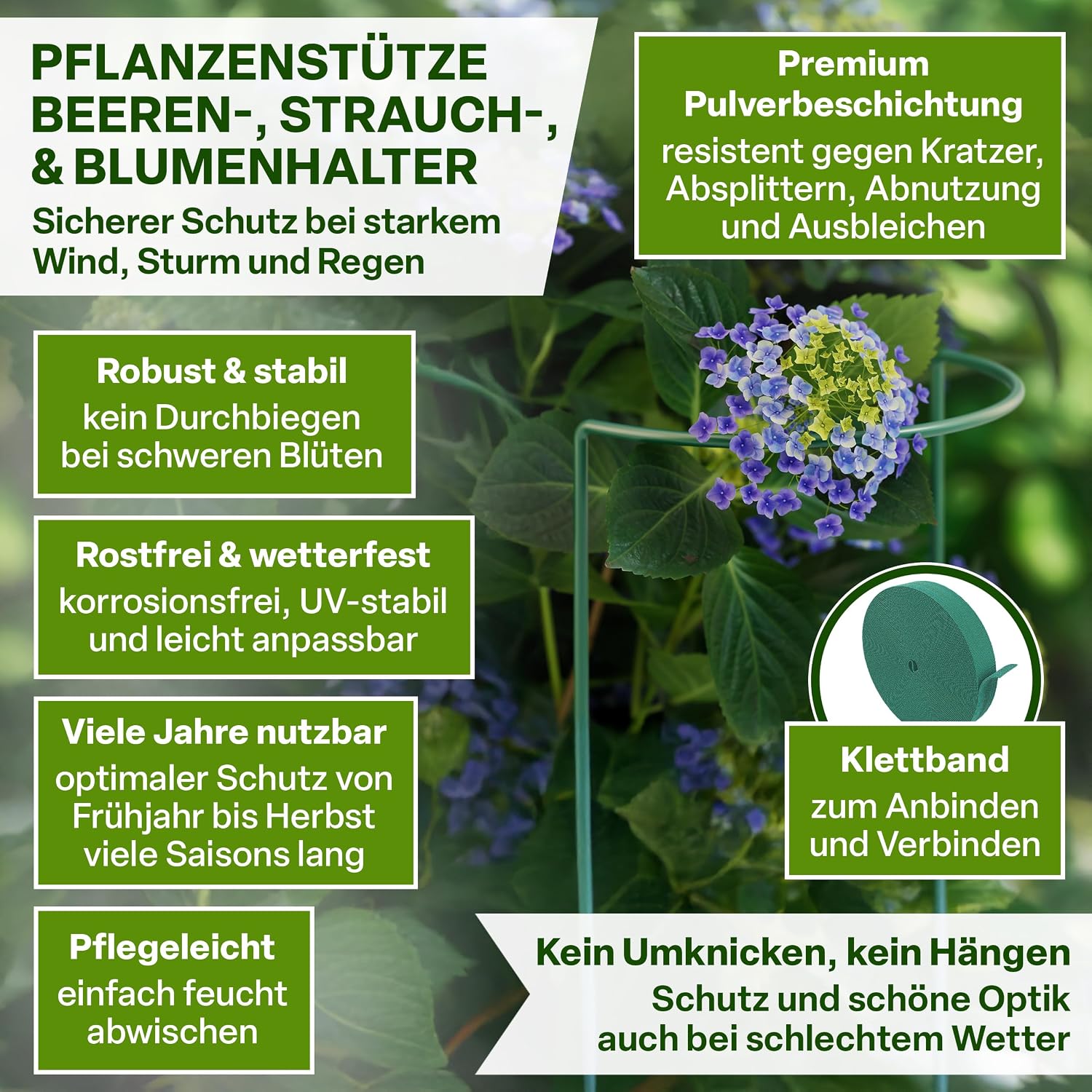 Detalle de TTL GARDEN Strauchstützen 100 cm x 40 cm | 10er Set + Klettband – rostfrei, grün
