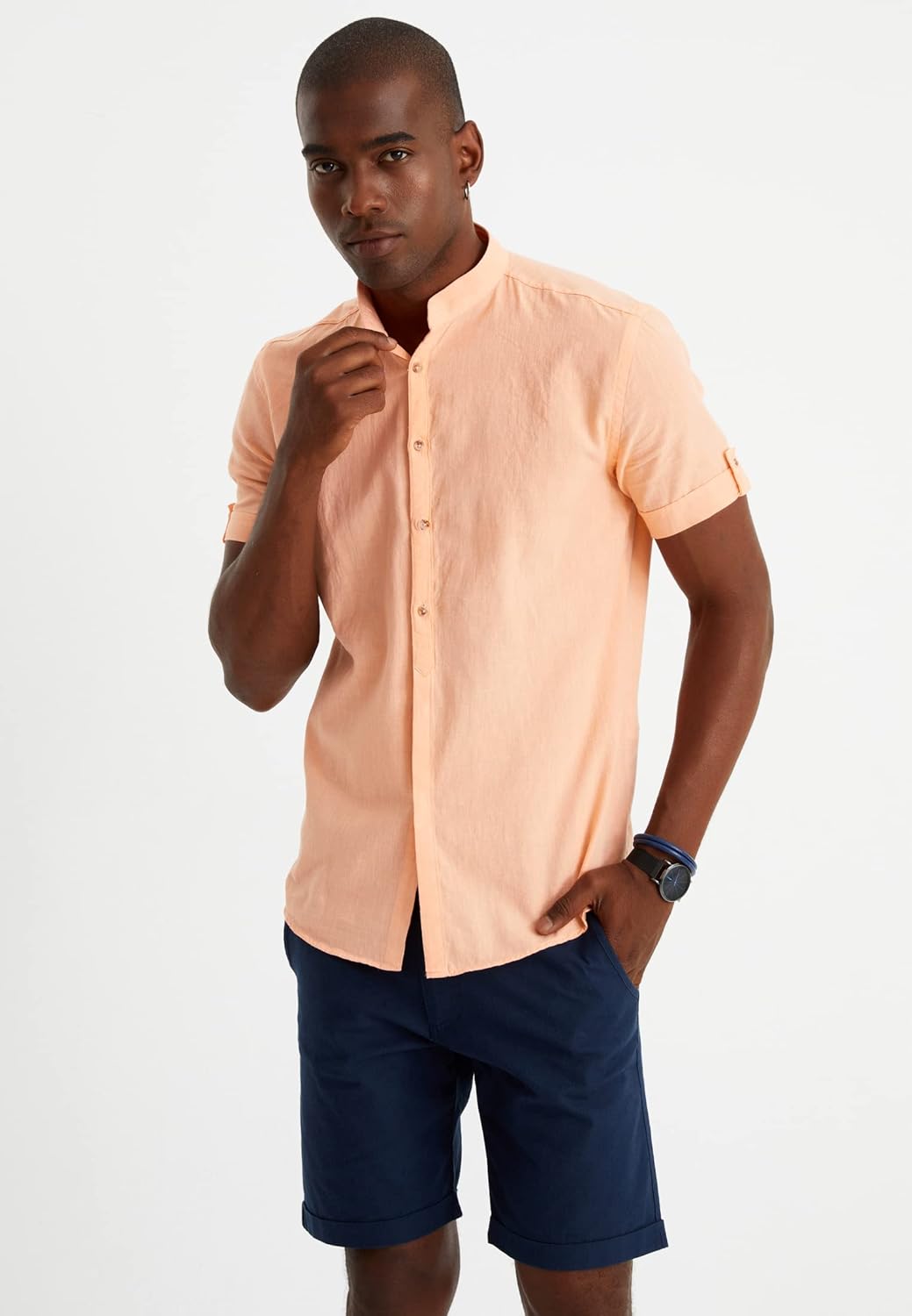 Detalle de Leif Nelson Chemise d'été en lin pour homme – Manches courtes, Henley, mélange lin et coton 30/70, coupe droite