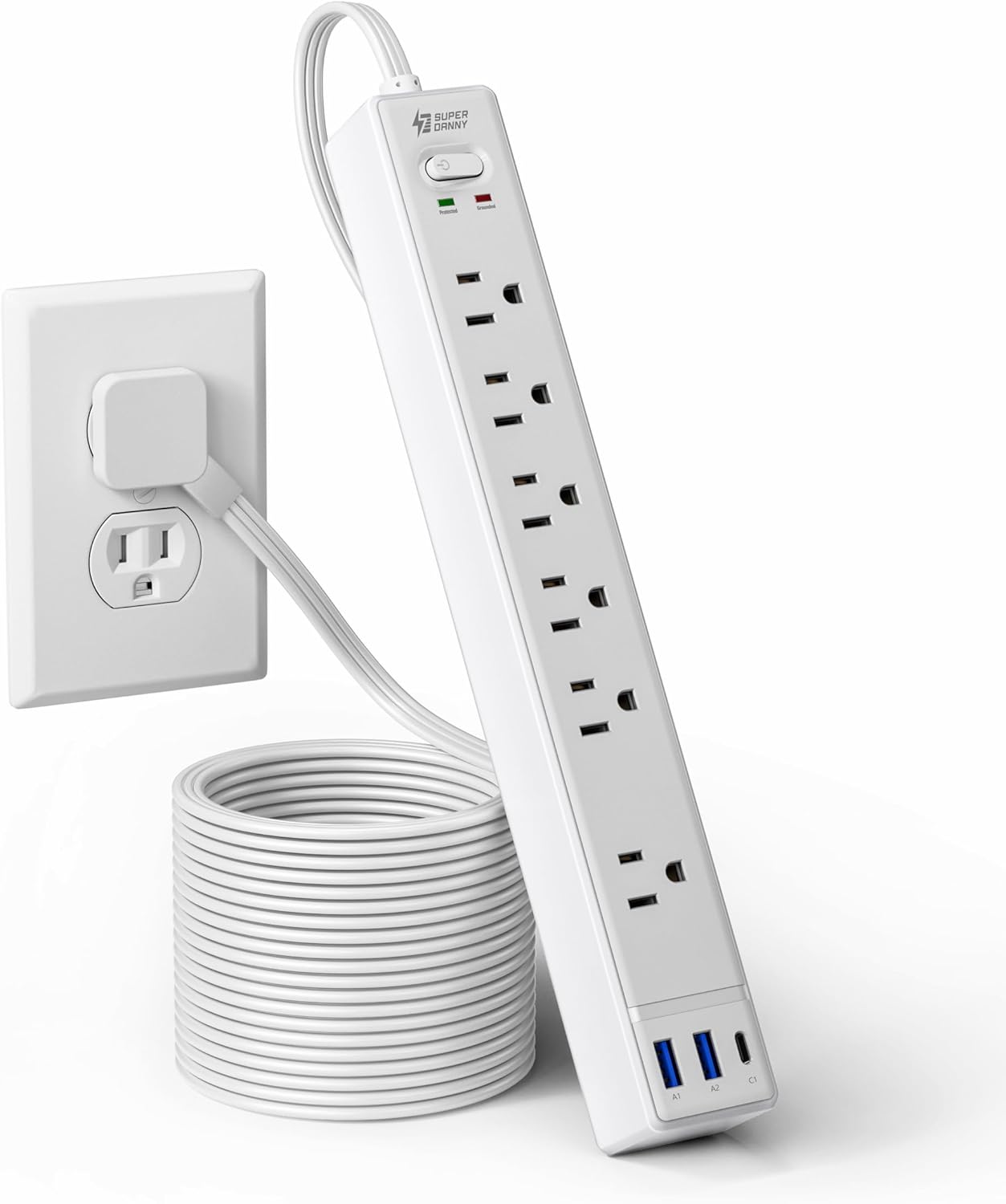 Detalle de SUPERDANNY 10 Ft Flat Plug Power Strip 6-Outlet 3-USB 🔌