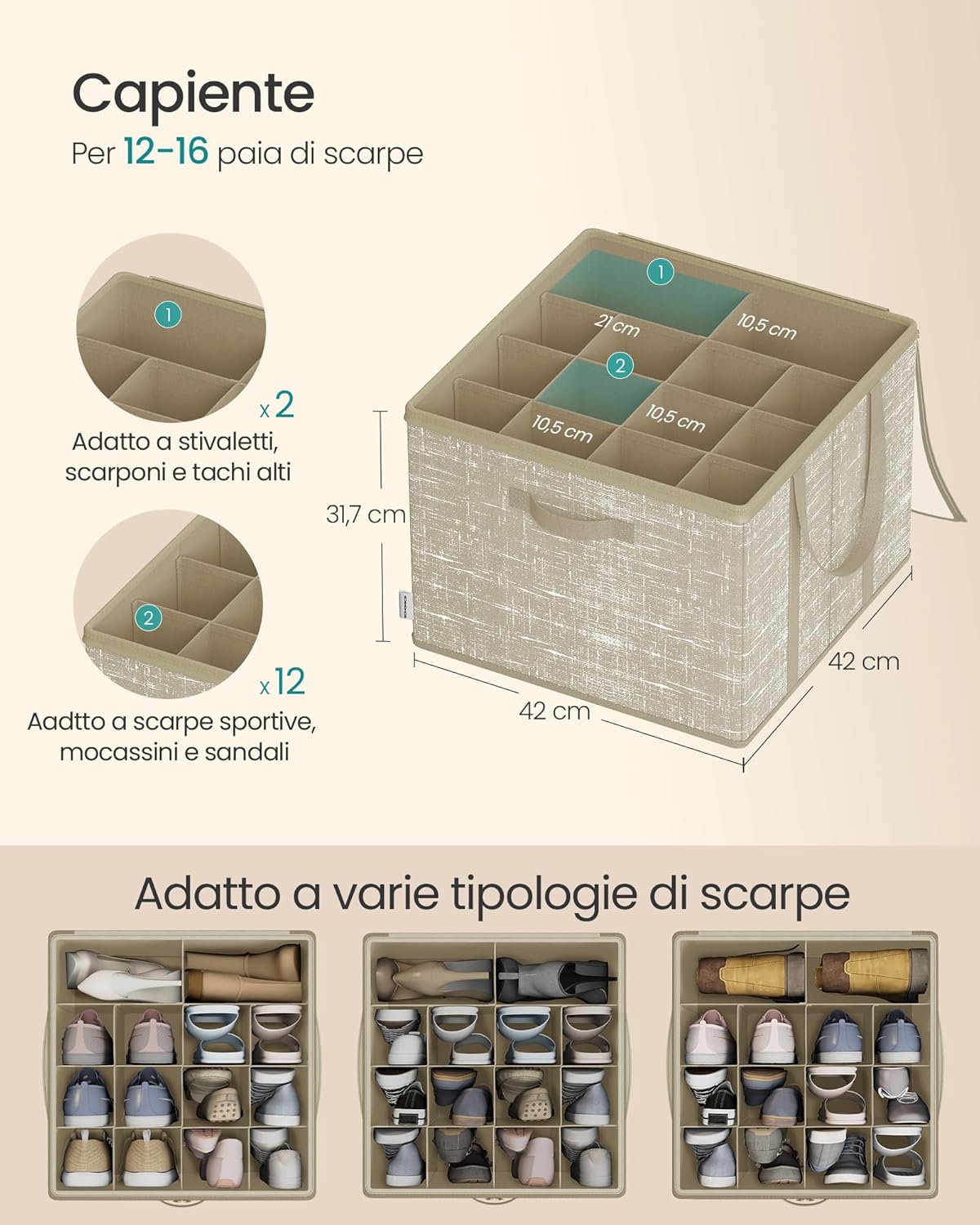Thumbnail 2 de SONGMICS Organizer Scarpe con coperchio trasparente, set da 2 scatole fino a 16 paia (beige cappuccino) LSP602LF01