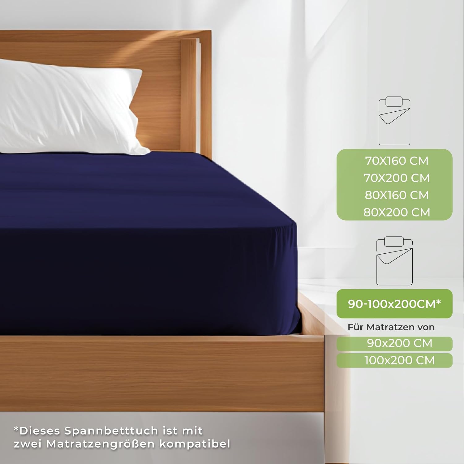 Detalle de Dreamzie Premium Spannbettlaken Dunkelblau 90x200 cm bis 100x200 cm – 100% Bio-Baumwolle, 150 g/m², GOTS & OEKO-TEX