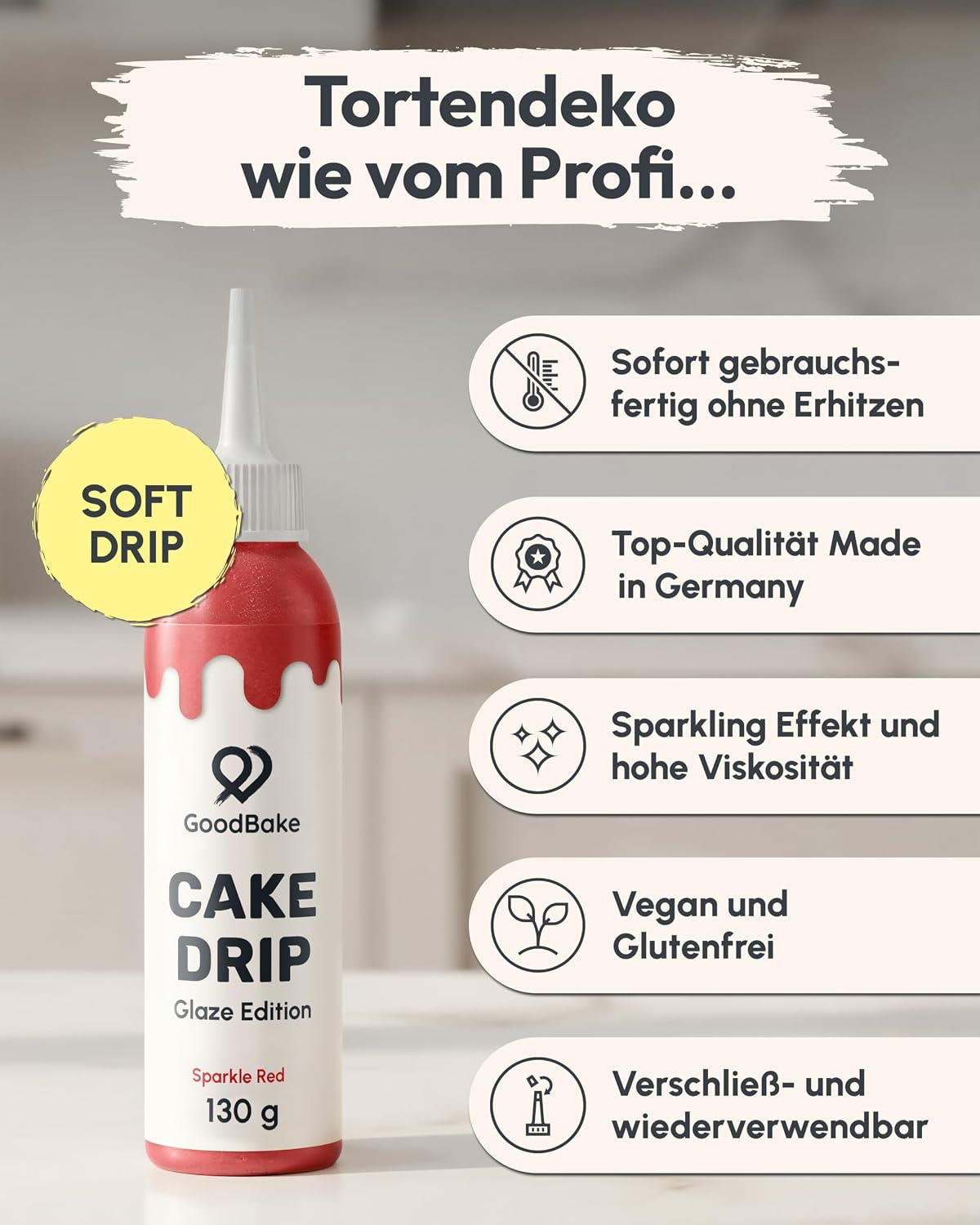 Thumbnail 3 de GoodBake Cake Drip Glaze 130g Rot – vegane Glukose-Glasur für feine Tortendeko