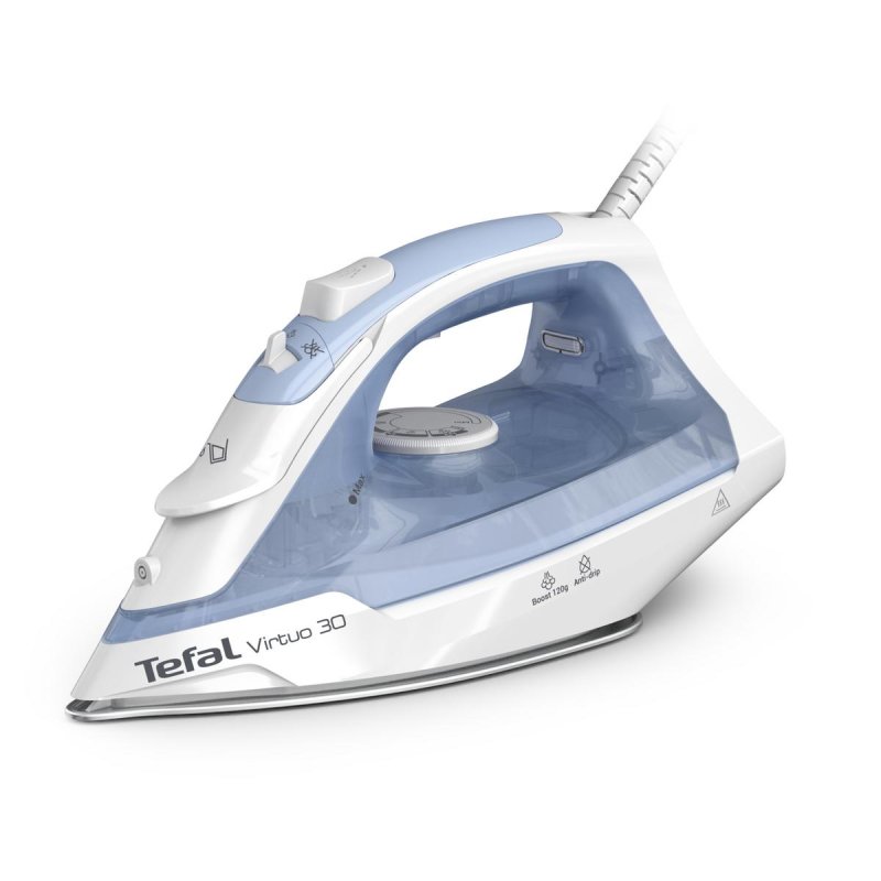 Detalle de Plancha Tefal Virtuo 30 FV2C41E0 con suela cerámica, 2000 W, vapor continuo 27 g/min