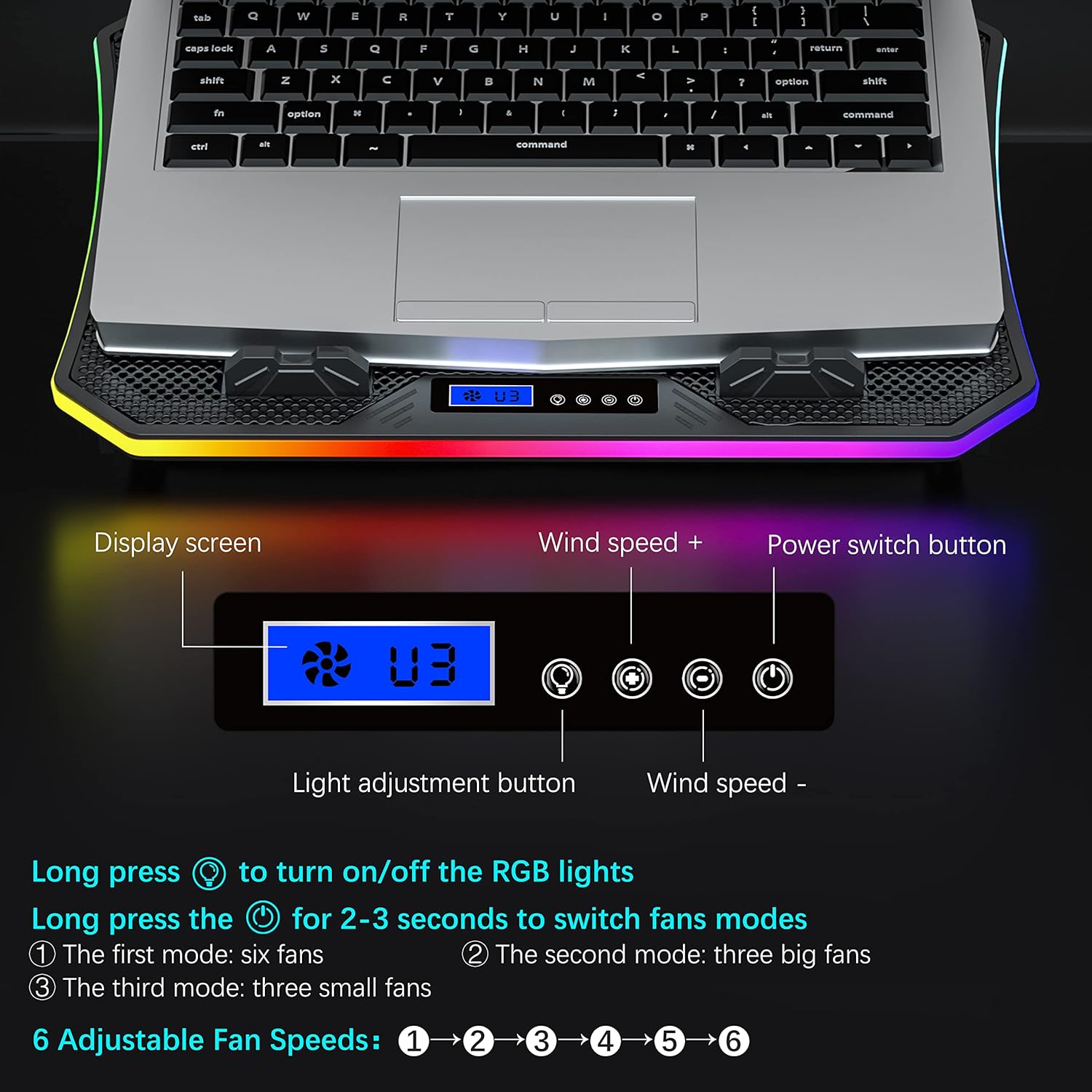 Detalle de TopMate C12 Laptop Cooling Pad RGB Gaming Cooler for 15.6–17.3 Inch Laptops