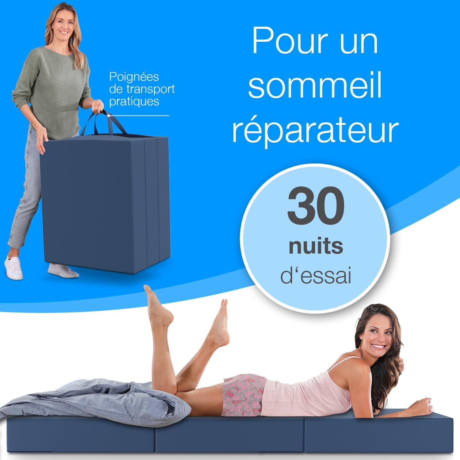 Detalle de ELONEO Matelas Pliant 90x200 cm – Matelas d'appoint pliable en 3 parties, mousse 15 cm, lavable et pliable en cube