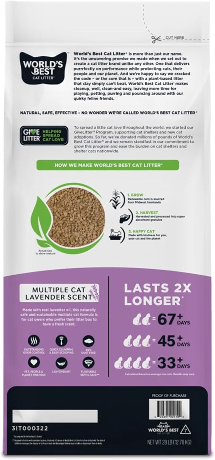 Detalle de WORLD'S BEST CAT LITTER Multiple Cat Lavender Scent, 28-Pounds – Natural, Quick Clumping, 99% Dust Free & Flushable
