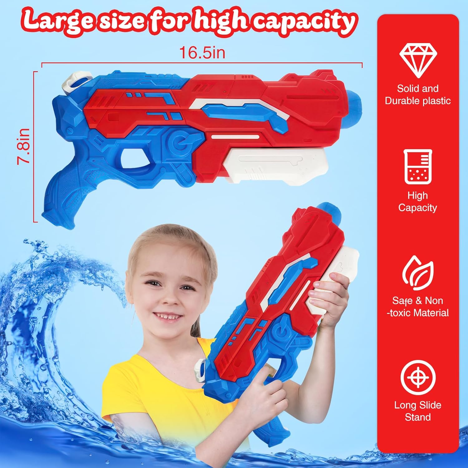 Detalle 2 de Pistola ad acqua “Super Liquidator” 1200 ml, fucile ad acqua a lungo raggio 10–11 piedi con 4 ugelli