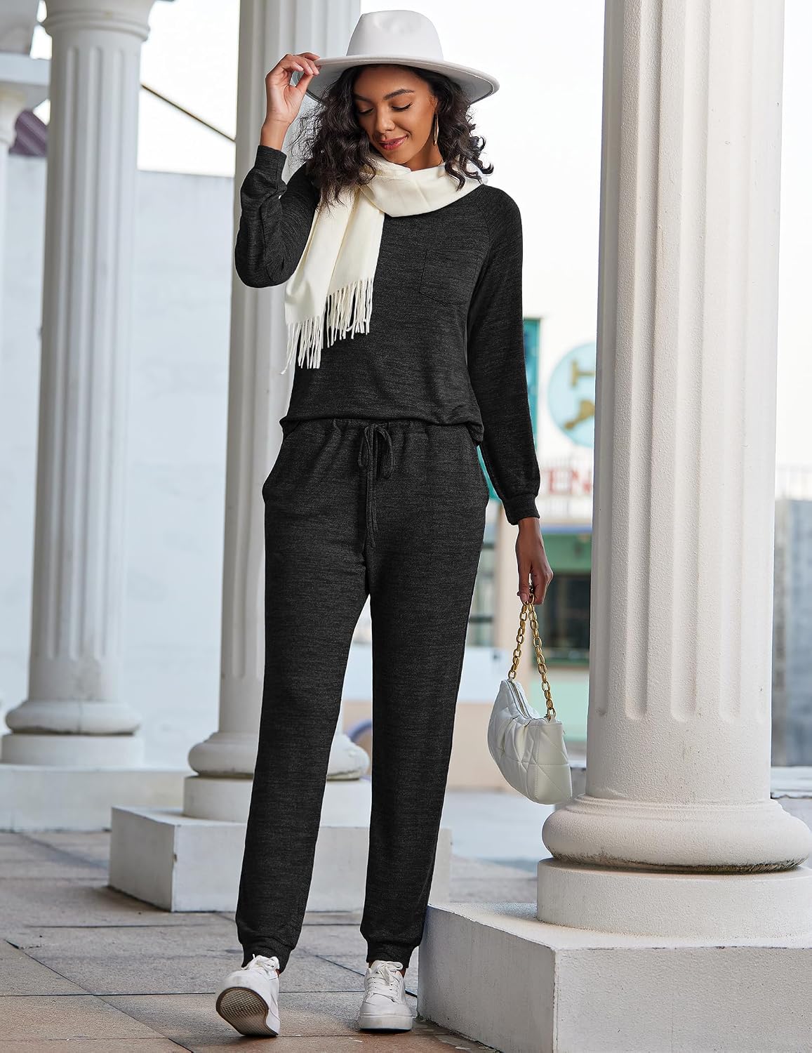 Detalle de Ekouaer EYS005548 Women’s Pajama Set, Long Sleeves, Crew Neck and Pockets