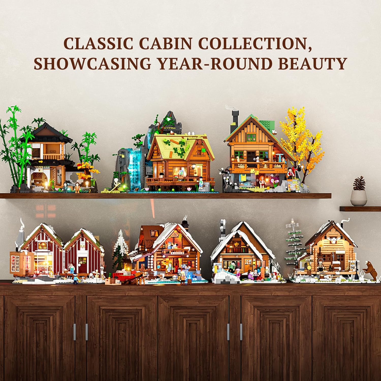 Detalle 2 de Lumibricks Aurora Cabin con LED – 2425 pezzi in legno, proiettore Aurora e scena artica per adulti