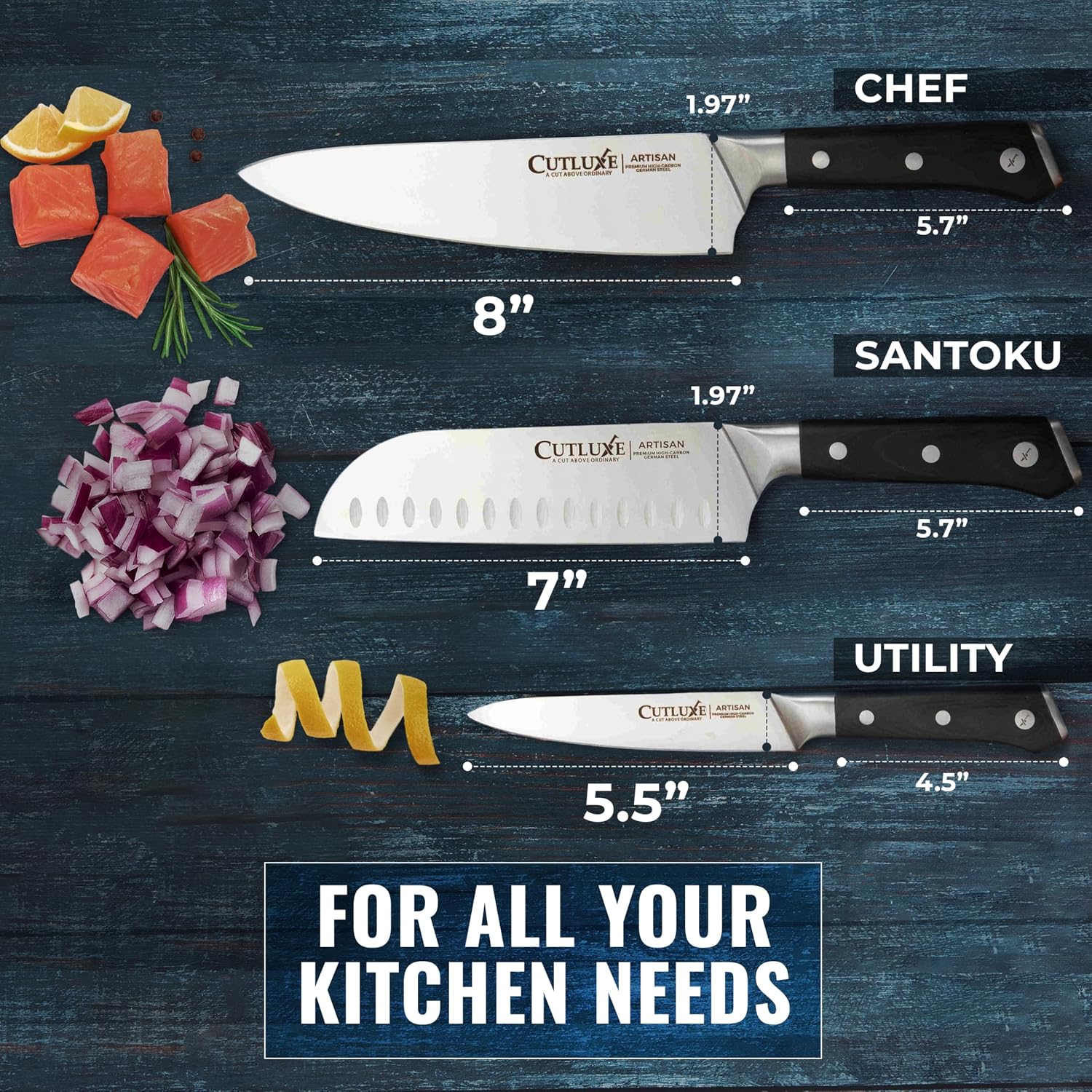 Detalle de Cutluxe Chef Knife Set, 3-Piece