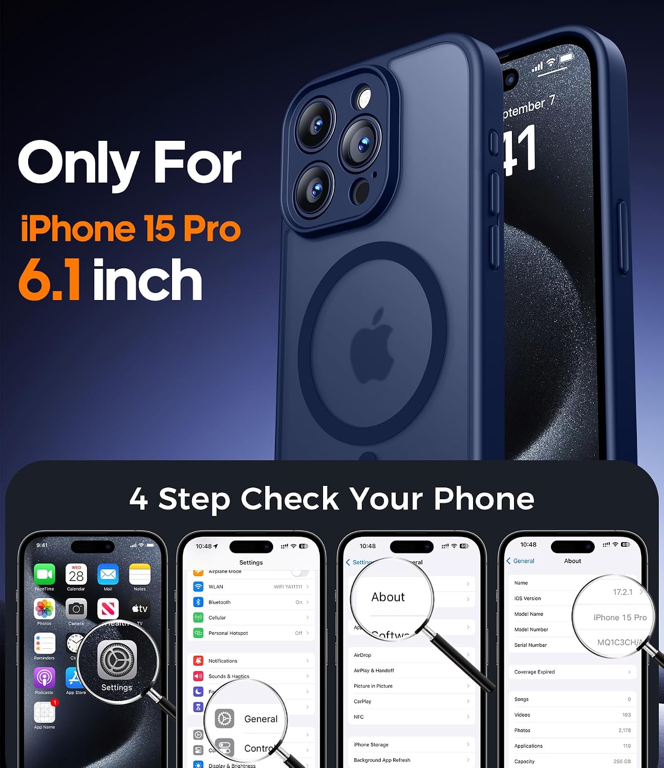 Detalle 2 de Qasyfanc Magnetic for iPhone 15 Pro Case with 2 Tempered Glass Screen Protectors (Dark Blue)