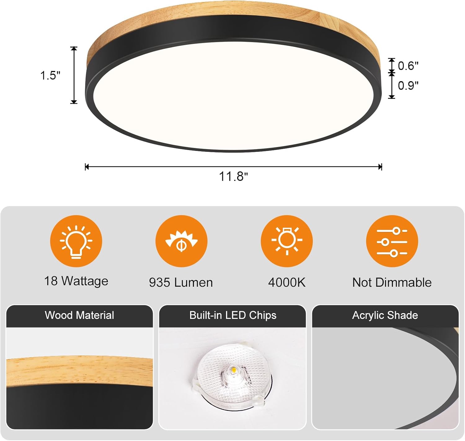 Detalle 2 de Vikaey JKCA20260907AA Wood LED Flush-Mount Ceiling Light, 11.8 in
