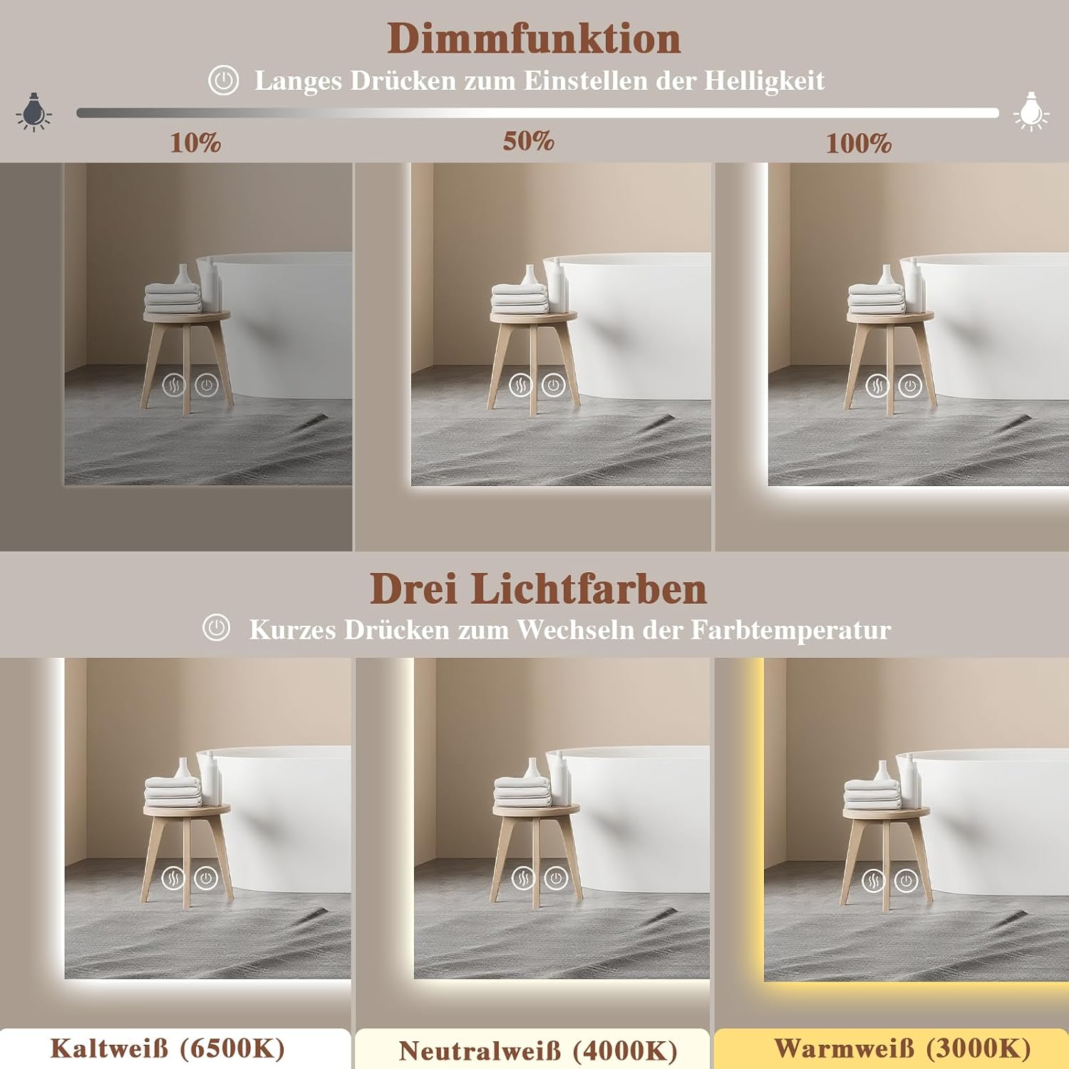 Detalle de Archaluxe Badspiegel mit Beleuchtung 40x60 cm – LED Spiegel mit Touch, dimmbar, 3 Lichtfarben, IP44/IP54